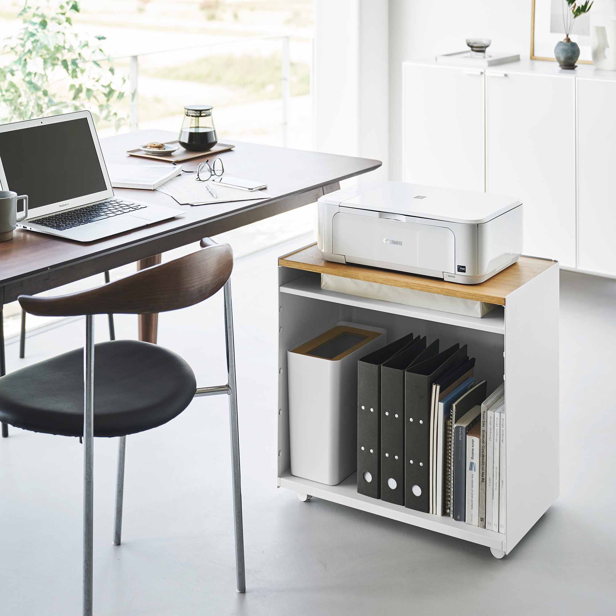 Back. Yamazaki Home - Mobile Hideaway Storage Cart (23" H) - Steel + Wood - White.