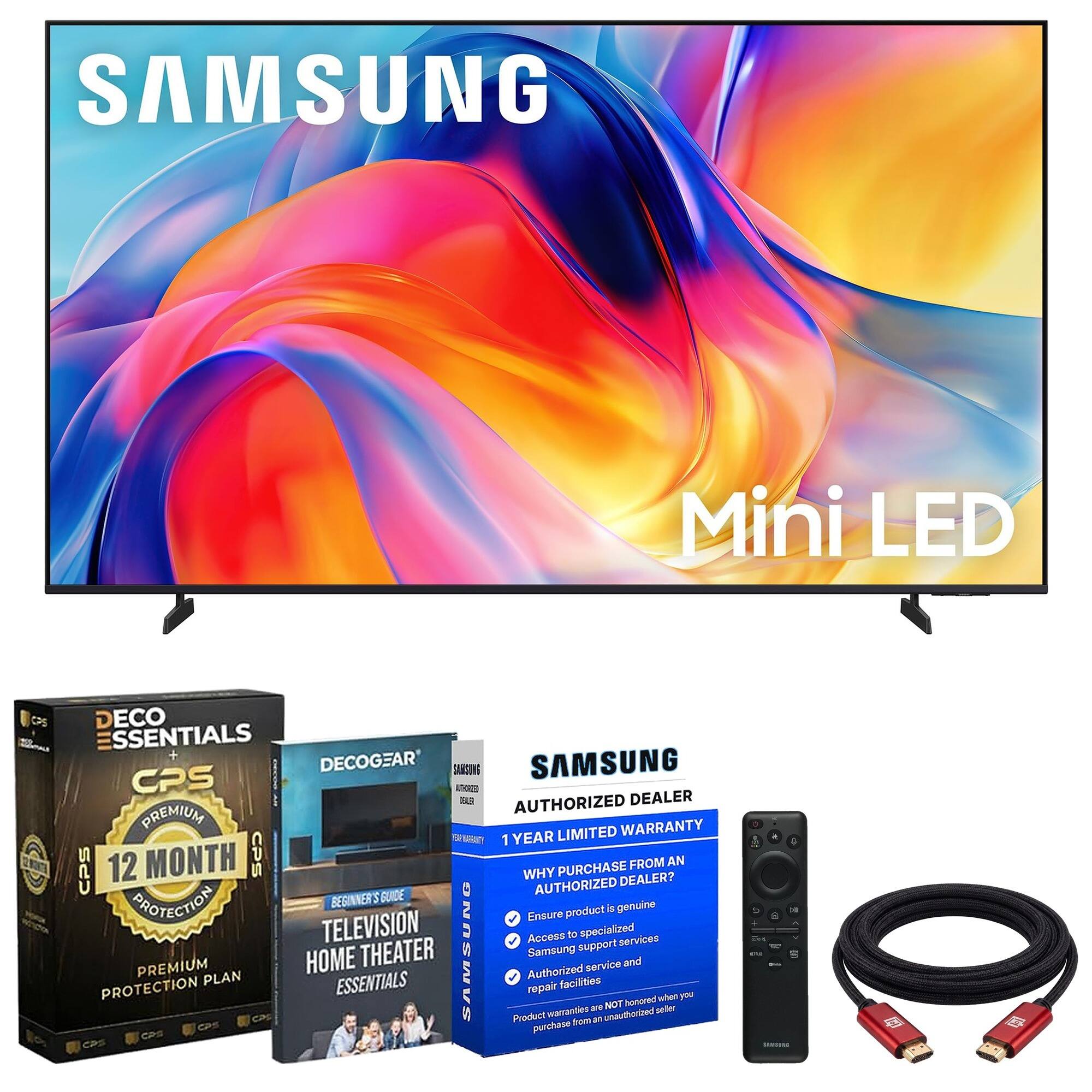 SAMSUNG  
Mini LED  

DECO ESSENTIALS  
DECOGEAR  
SAMSUNG  
SAMSUNG CPS EAR AUTHORIZED DEALER  
PREMIUM WARRANTY 1 YEAR LIMITED  
CPS 12 MONTH  
CPS  

WHY AUTHORIZED PURCHASE DEALER?  
FROM AN PHORCTION BEGINNER GUIDE  
Ensure product is genuine  
TELEVISION  
Access to support specialized services  
HOME THEATER  
SAMSUNG  
Samsung PREMIUM service and PLAN ESSENTIALS  
Authorized facilities  
PROTECTION repair when you are NOT honored warranties unauthorized seller  
cas Product from an CPS purchase  
CPS CPS  

A 11 instion