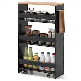 Ecooso - 4-Tier Rolling Kitchen Storage Cart Slim Mobile Organizer with Open Shelves and Handle - Black