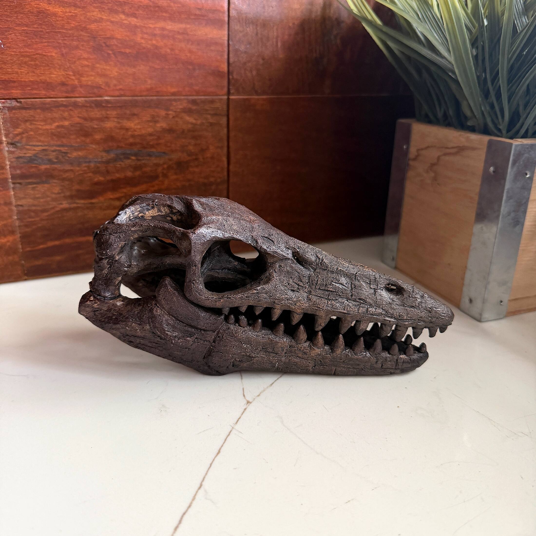 Alt View 5. Things2Die4 - Mosasaurus Statue Brown Resin Prehistoric Tabletop Decor 7.5 Inch - Brown.