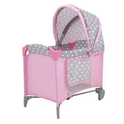 Front. 509 Crew - 509 Crew - Cotton Candy Pink Doll Play Yard in Grey Polka Dots, Fits Dolls Up to 18".