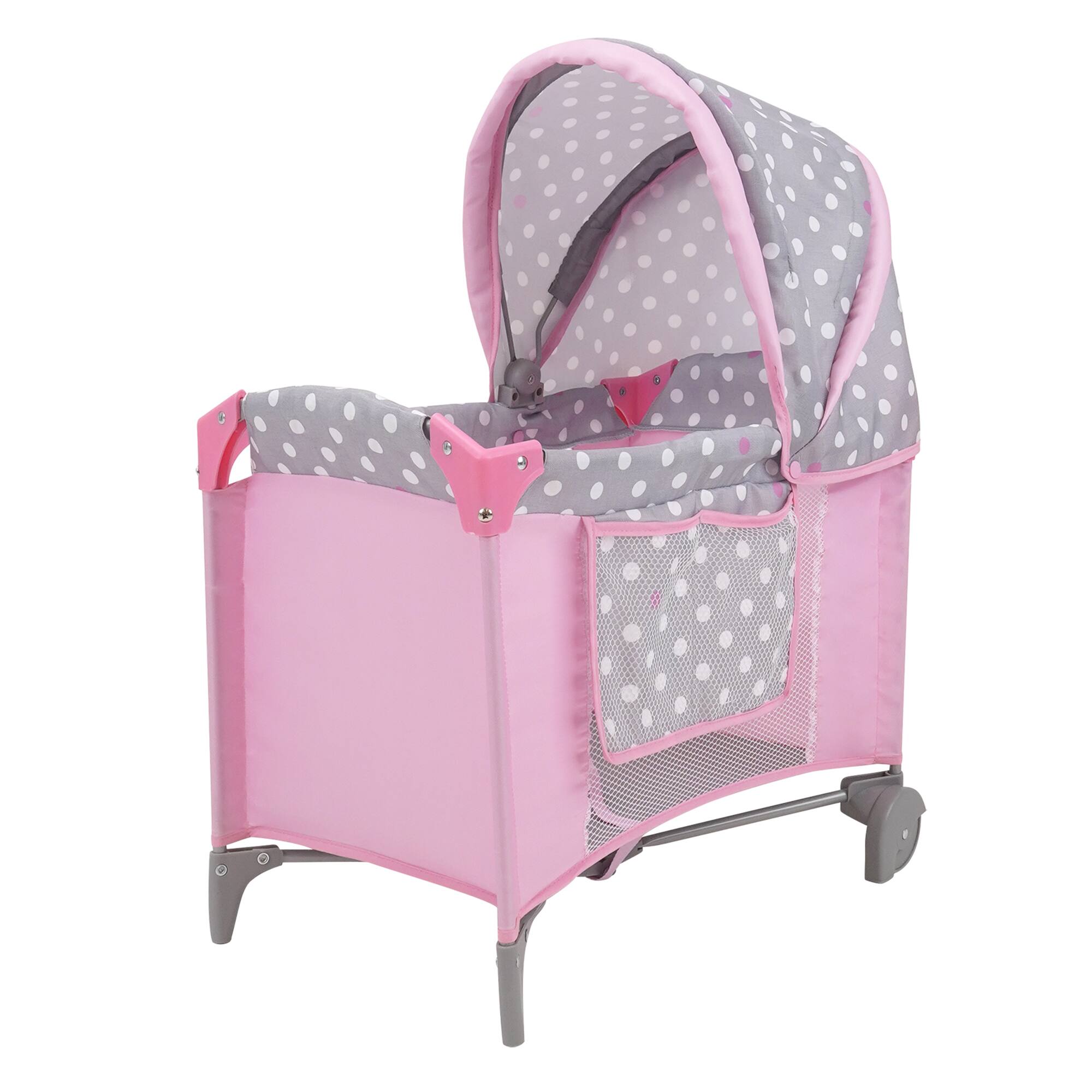Front. 509 Crew - 509 Crew - Cotton Candy Pink Doll Play Yard in Grey Polka Dots, Fits Dolls Up to 18".