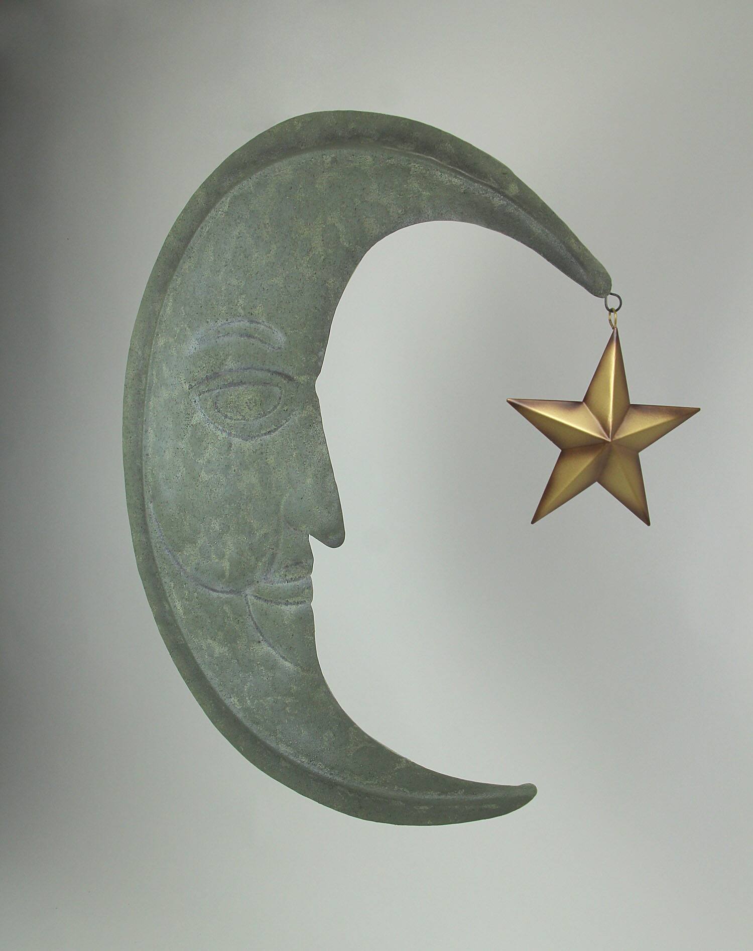 Alt View 1. Zeckos - Weathered Verdigris Green Finish Metal Crescent Moon Wall Hanging Star Dangler - Green.