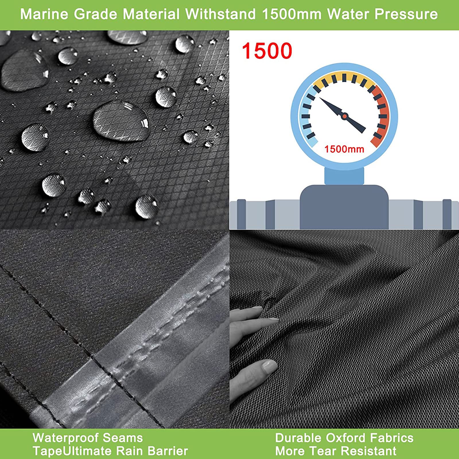 Marine Grade Material Withstand 1500mm Water Pressure

1500

Waterproof Seams Tape Ultimate Rain Barrier

Durable Oxford Fabrics More Tear Resistant