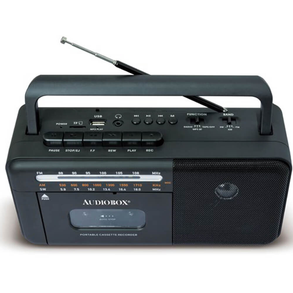 Sure, here is the corrected and grouped text from the image:

---

**USB**  
**TF**  
**POWER**  
**FUNCTION**  
**BAND**  
**PAUSE**  
**STOP/EJ**  
**F.F**  
**REW**  
**PLAY**  
**REC**  
**FM**  
**AM**  
**SW**  
**AUDIOBOX**  
**PORTABLE CASSETTE RECORDER**  

**USB**  
**TF**  
**POWER**  
**FUNCTION**  
**BAND**  
**PAUSE**  
**STOP/EJ**  
**F.F**  
**REW**  
**PLAY**  
**REC**  
**FM**  
**AM**  
**SW**  
**AUDIOBOX**  
**PORTABLE CASSETTE RECORDER**  

**FM**  
88 90 95 100 105 108  
**AM**  
530 600 800 1000 1300 1550  
**SW**  
7.5 10.2 13.4 16.4 17.10  
**MHZ**  
