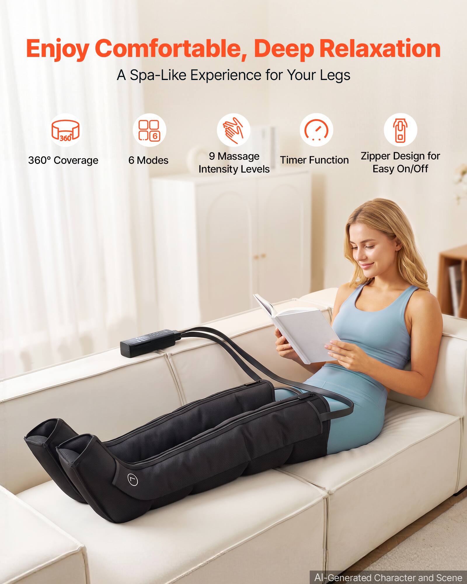 Enjoy Comfortable, Deep Relaxation  
A Spa-Like Experience for Your Legs

360° Coverage  
6 Modes  
9 Massage Intensity Levels  
Timer Function  
Zipper Design for Easy On/Off

AI-Generated Character and Scene