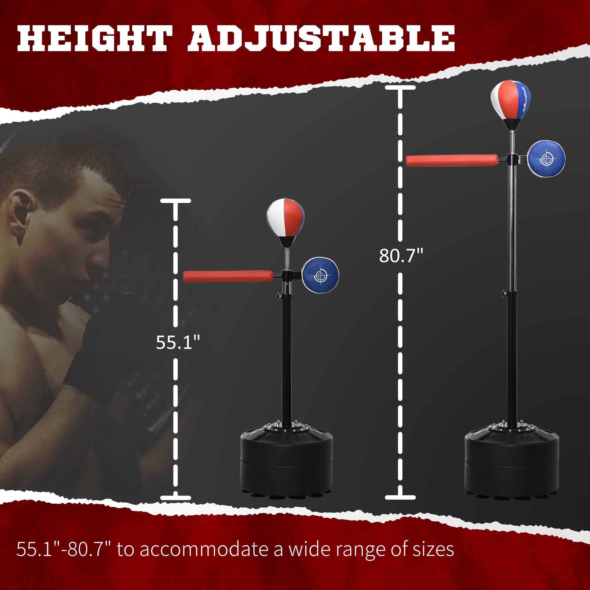 HEIGHT ADJUSTABLE

55.1" - 80.7" to accommodate a wide range of sizes
