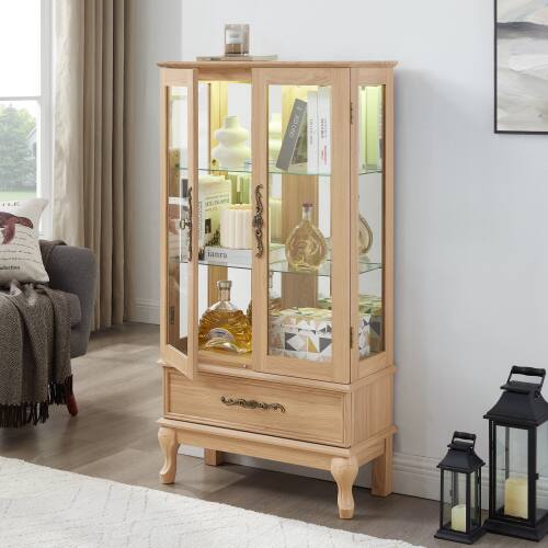 Angle. LUCKY ONE - 25.98in Freestanding Lighted Curio Cabinet with Drawer and Adjustable Shelves for Wine Storage Sideboard - Light Oak.