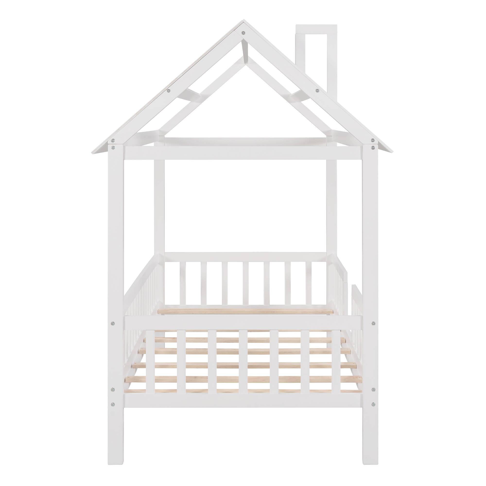 Alt View 2. Aukfa - Twin Size Wood House Bed with Fence - Pink.