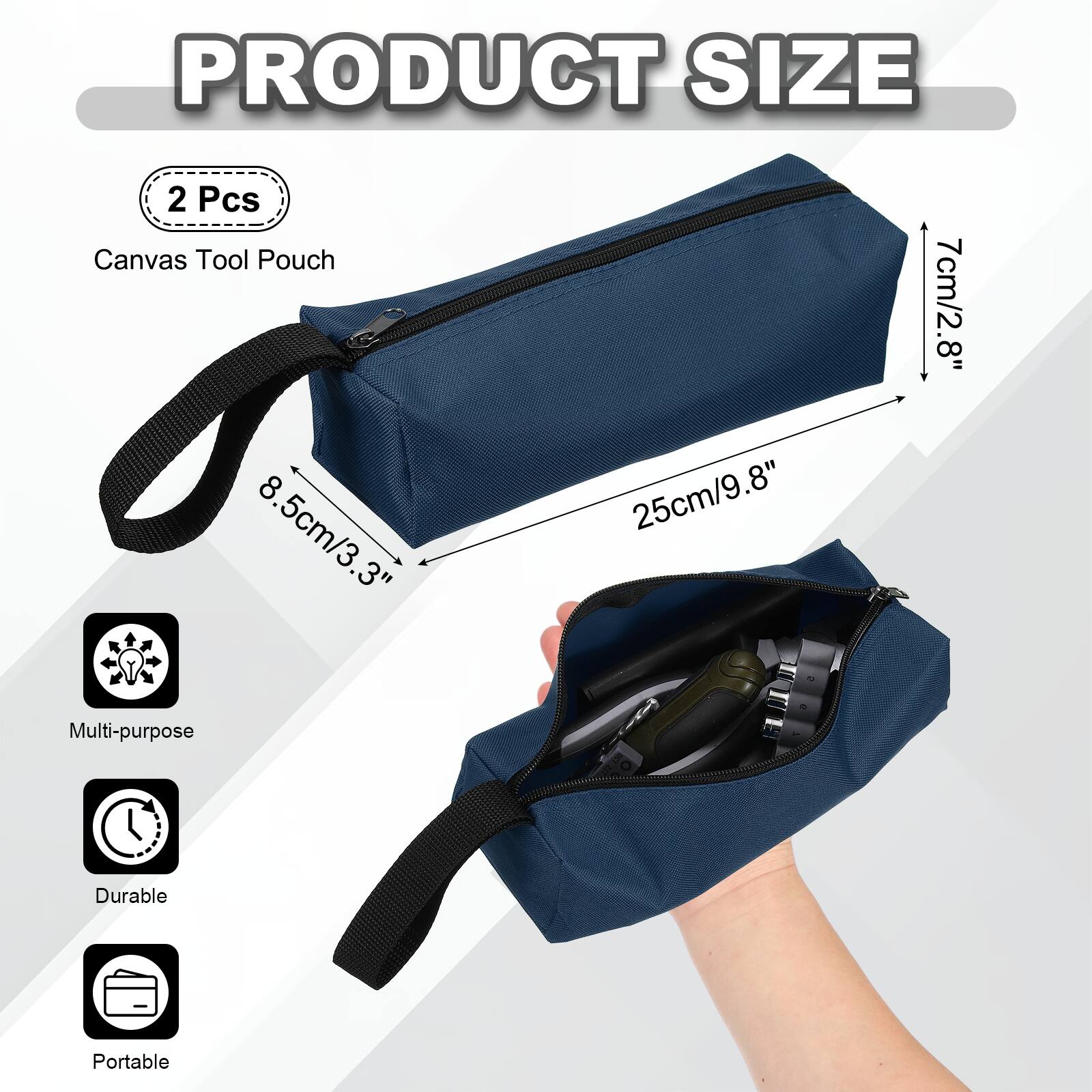PRODUCT SIZE

2 Pcs Canvas Tool Pouch

8.5cm/3.3" 25cm/9.8" 7cm/2.8"

Multi-purpose Durable Portable