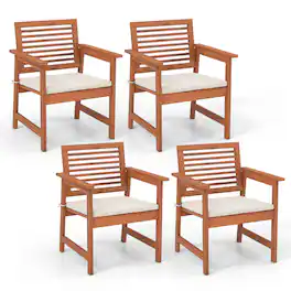 Costway - Set of 4 Outdoor Dining Chair Patio Solid Wood Chairs with Comfortable Cushions - Natural,White