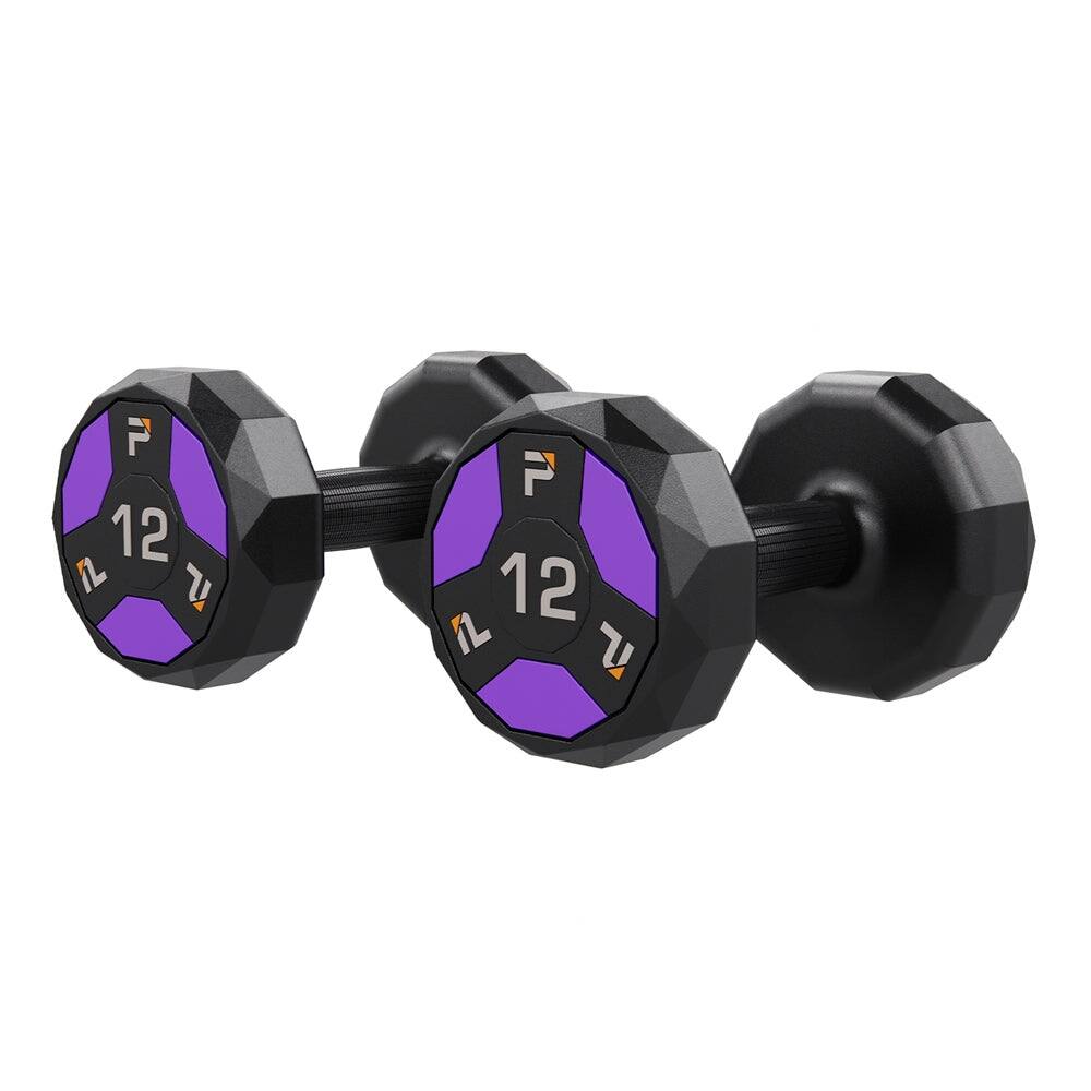 Front. Power Systems - 12 lb Urethane Cardio Dumbbells, Durable Pair of Fitness Dumbbells w/Non-Rolling Design - Purple.