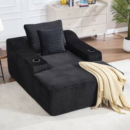 Trinkets Crazed - 67" Chaise Lounge Chair 9.9'' Wide Armrest Indoor Corduroy Oversized Sleeper Sofa for Living Room - Black