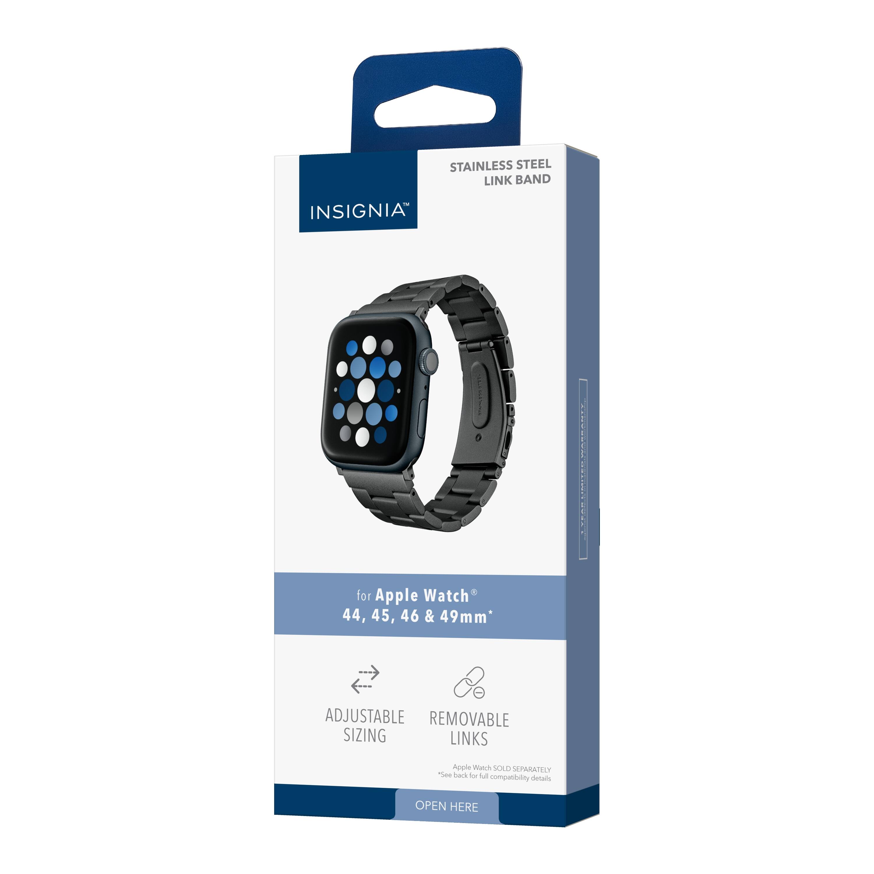 STAINLESS STEEL LINK BAND  
INSIGNIA  

for Apple Watch 44, 45, 46 & 49mm  

ADJUSTABLE SIZING  
REMOVABLE LINKS  

Apple Watch SOLD SEPARATELY  
See back for compatibility details  
OPEN HERE