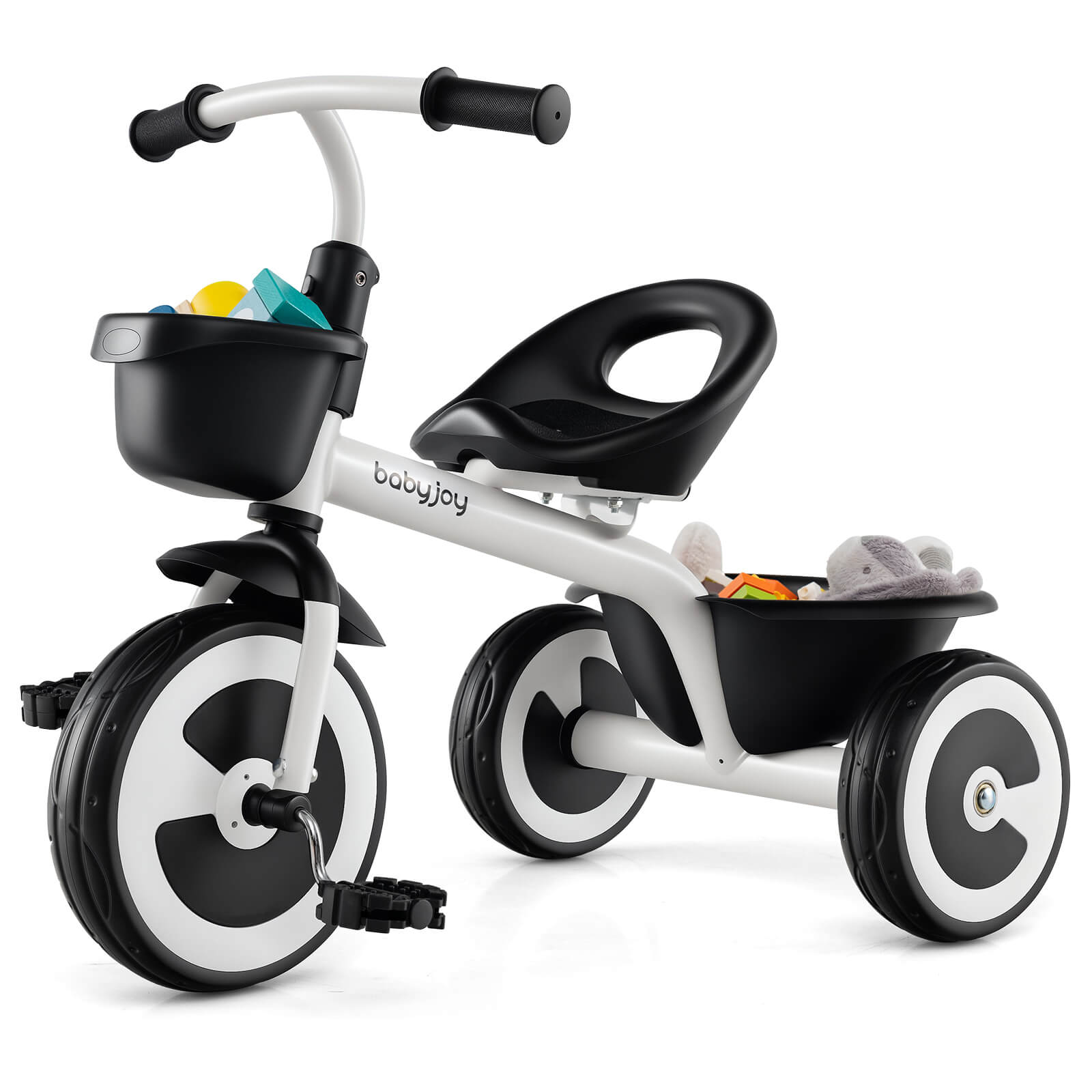 Costway - Toddler Tricycle Kids Trike with Adjustable Seat Front & Rear Storage Baskets - Wihte