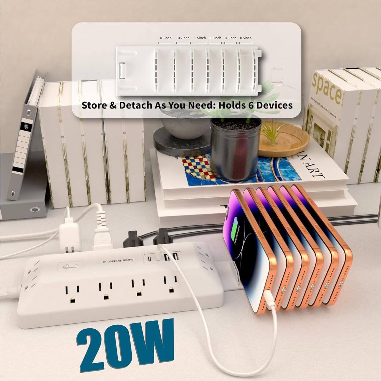 a. Tinehh 0.7inch 0.5inch 0.5inch 0.5inch 0.5inch Store & Detach As You Need: Holds 6 Devices space NART Protection 20W