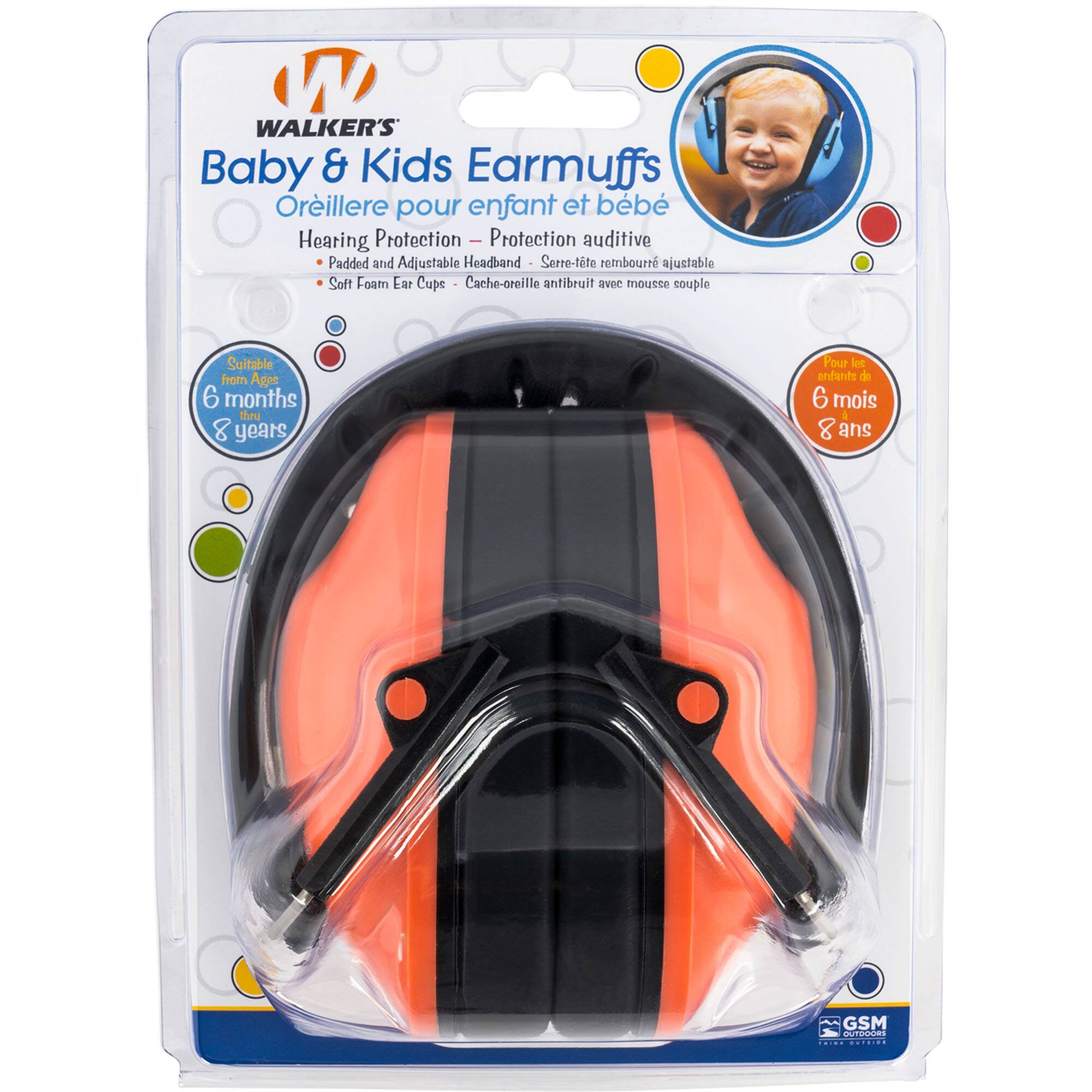 WALKER'S Baby & Kids Earmuffs  
Oreillère pour enfant et bébé  
Hearing Protection - Protection auditive  
Padded and Adjustable Headband - Serre-tête rembourré ajustable  
Soft Foam Ear Cups - Cache-oreille antibruit avec mousse souple  
Suitable from Age 6 months to 8 years  
Pour les enfants de 6 mois à 8 ans  
GSM