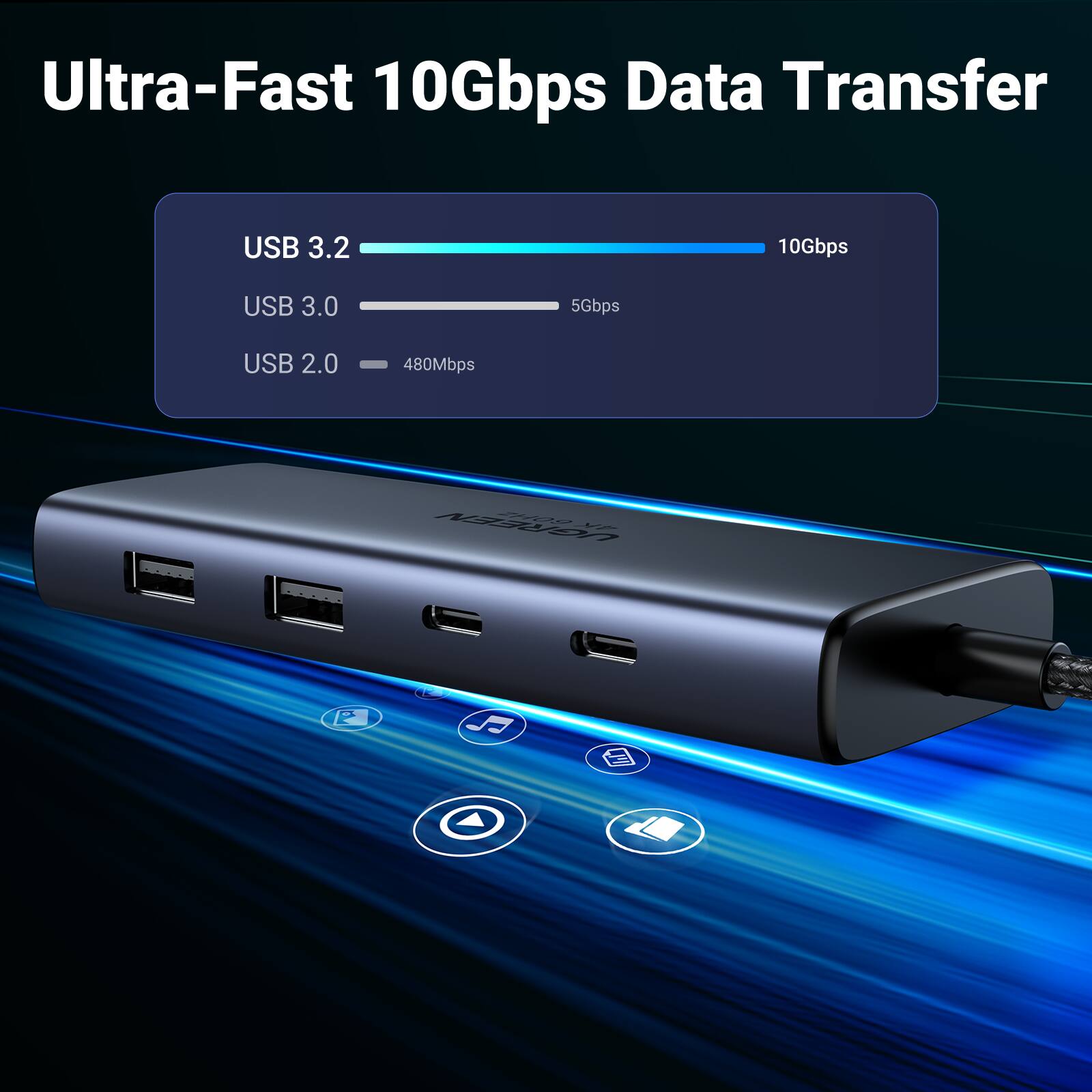Ultra-Fast 10Gbps Data Transfer

USB 3.2 - 10Gbps  
USB 3.0 - 5Gbps  
USB 2.0 - 480Mbps