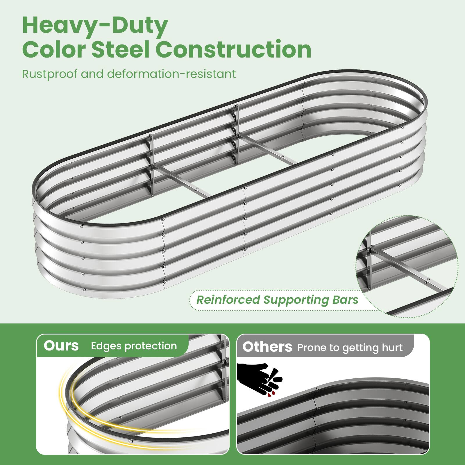Heavy-Duty Color Steel Construction  
Rustproof and deformation-resistant  

Reinforced Supporting Bars  

Ours  
Edges protection  

Others  
Prone to getting hurt