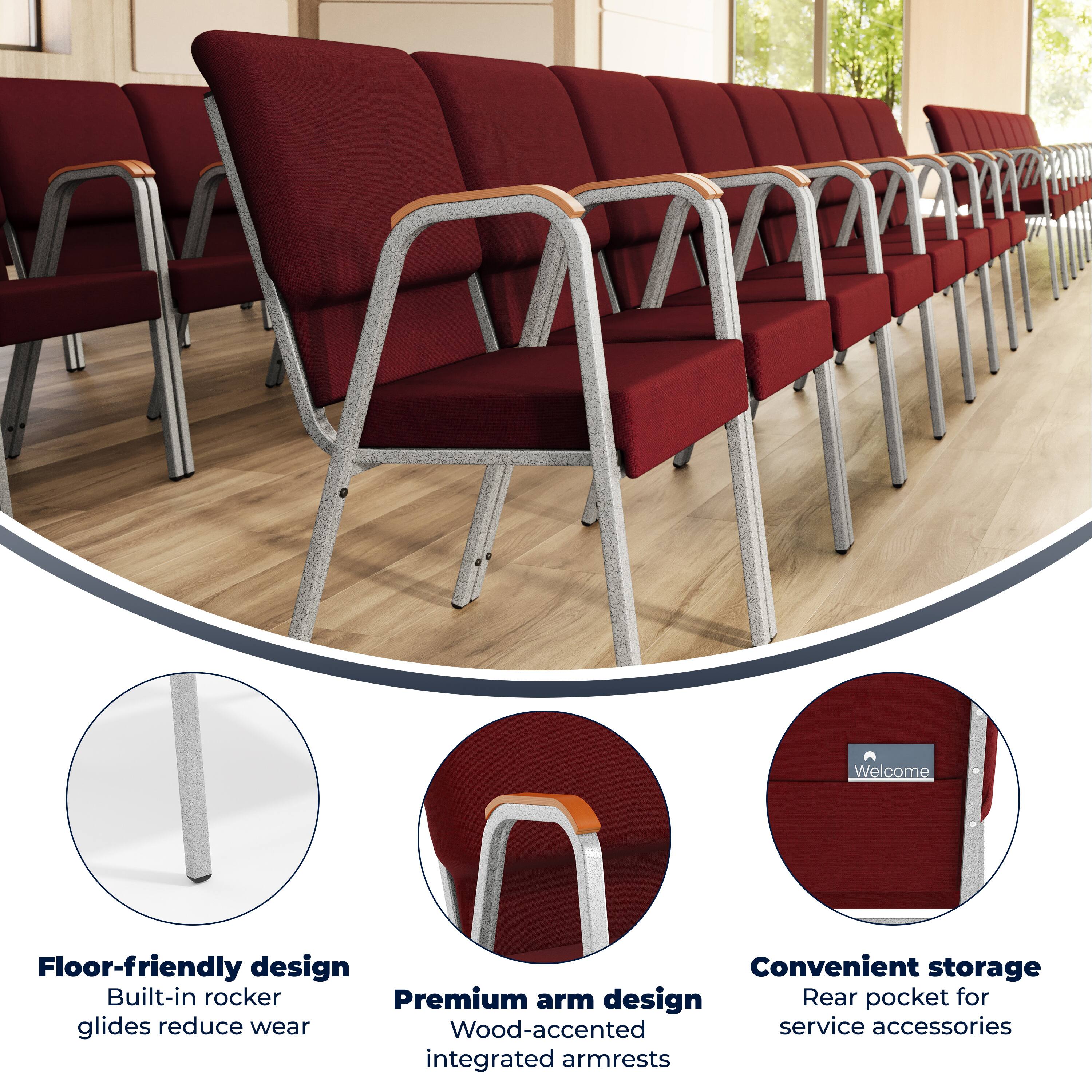Welcome  
Floor-friendly design  
Convenient storage  
Built-in rocker glides reduce wear  
Premium arm design  
Wood-accented integrated armrests  
Rear pocket for service accessories