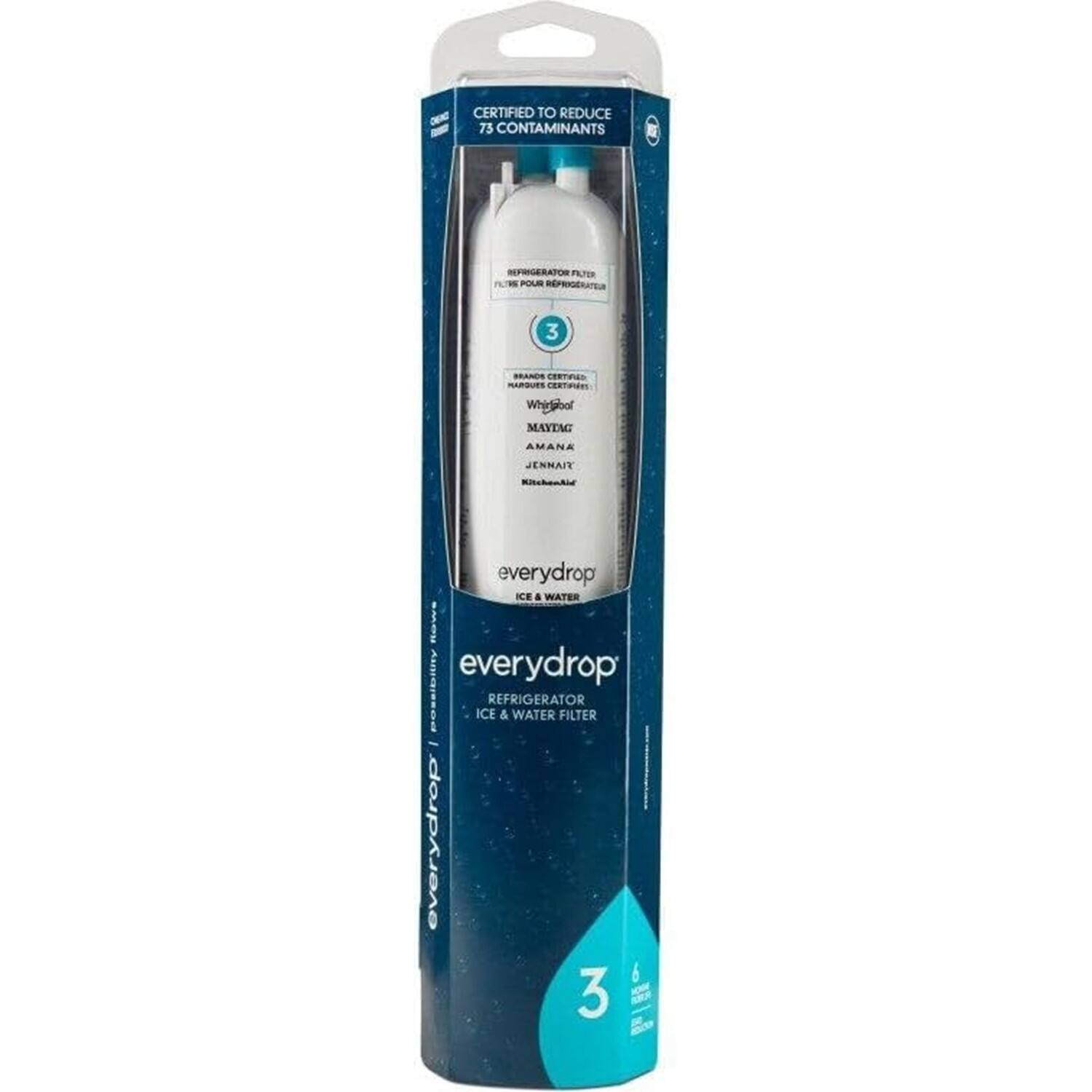 CERTIFIED TO REDUCE 73 CONTAMINANTS

REFRIGERATOR FILTER

BRANDS COMPATIBLE:
- Whirlpool
- MAYTAG
- Amana
- JENNAIT
- KitchenAid

everydrop
REFRIGERATOR ICE & WATER FILTER

3