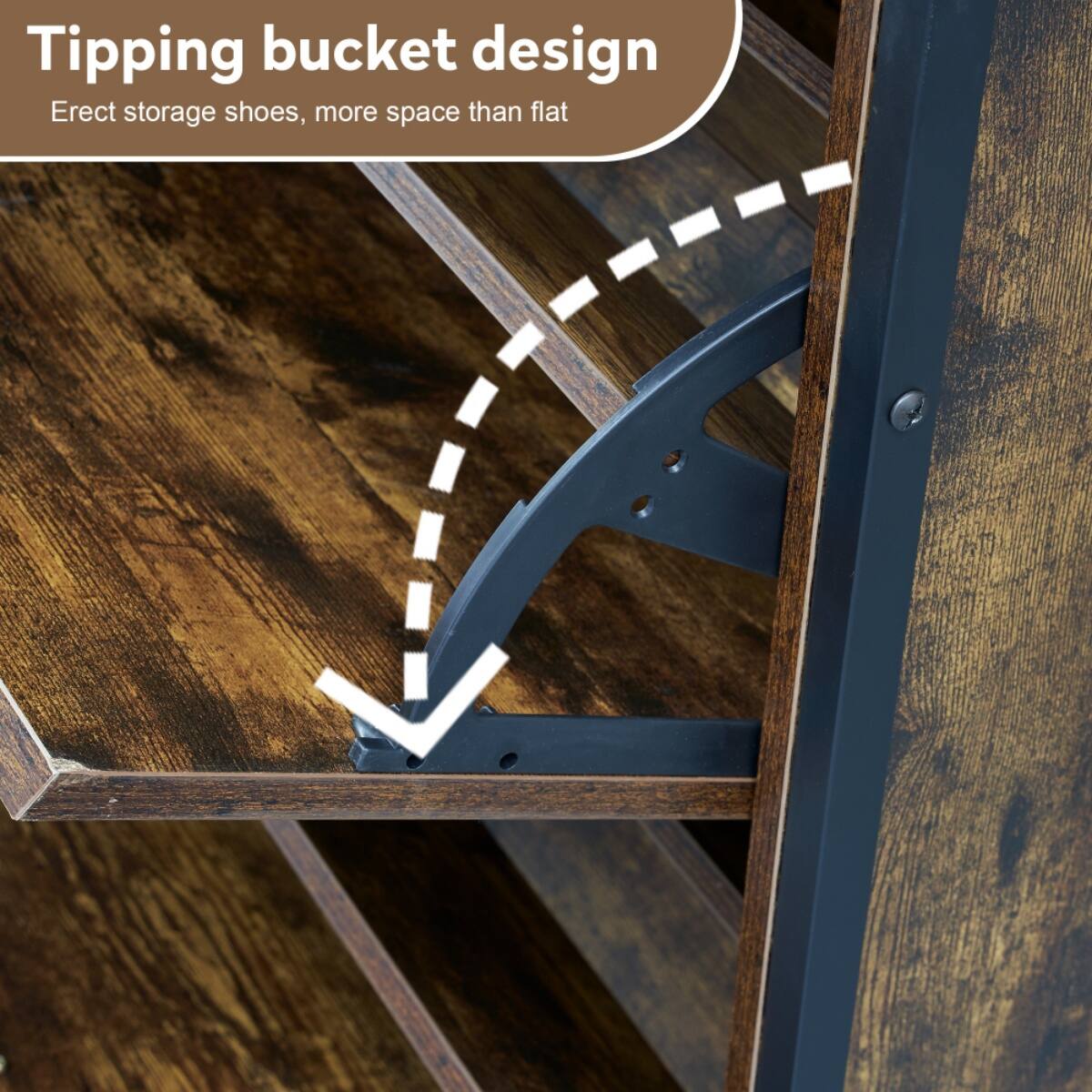 Tipping bucket design  
Erect storage shoes, more space than flat
