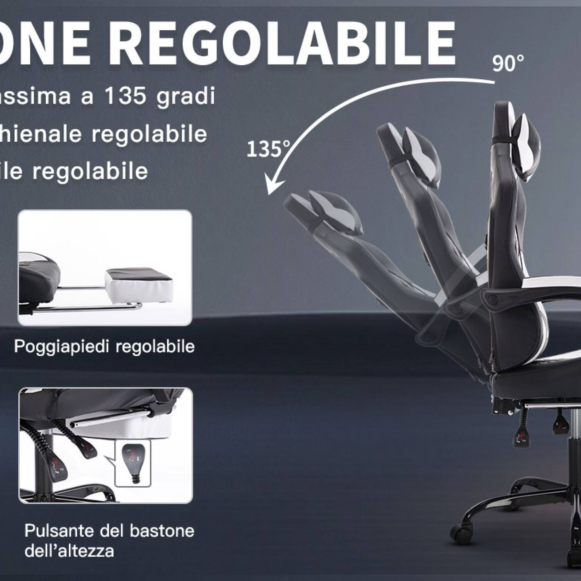**ONE REGOLABILE**

- Angolazione massima a 135 gradi
- Schienale regolabile
- Tilt regolabile
- Poggiapiedi regolabile
- Pulsante del bastone dell'altezza