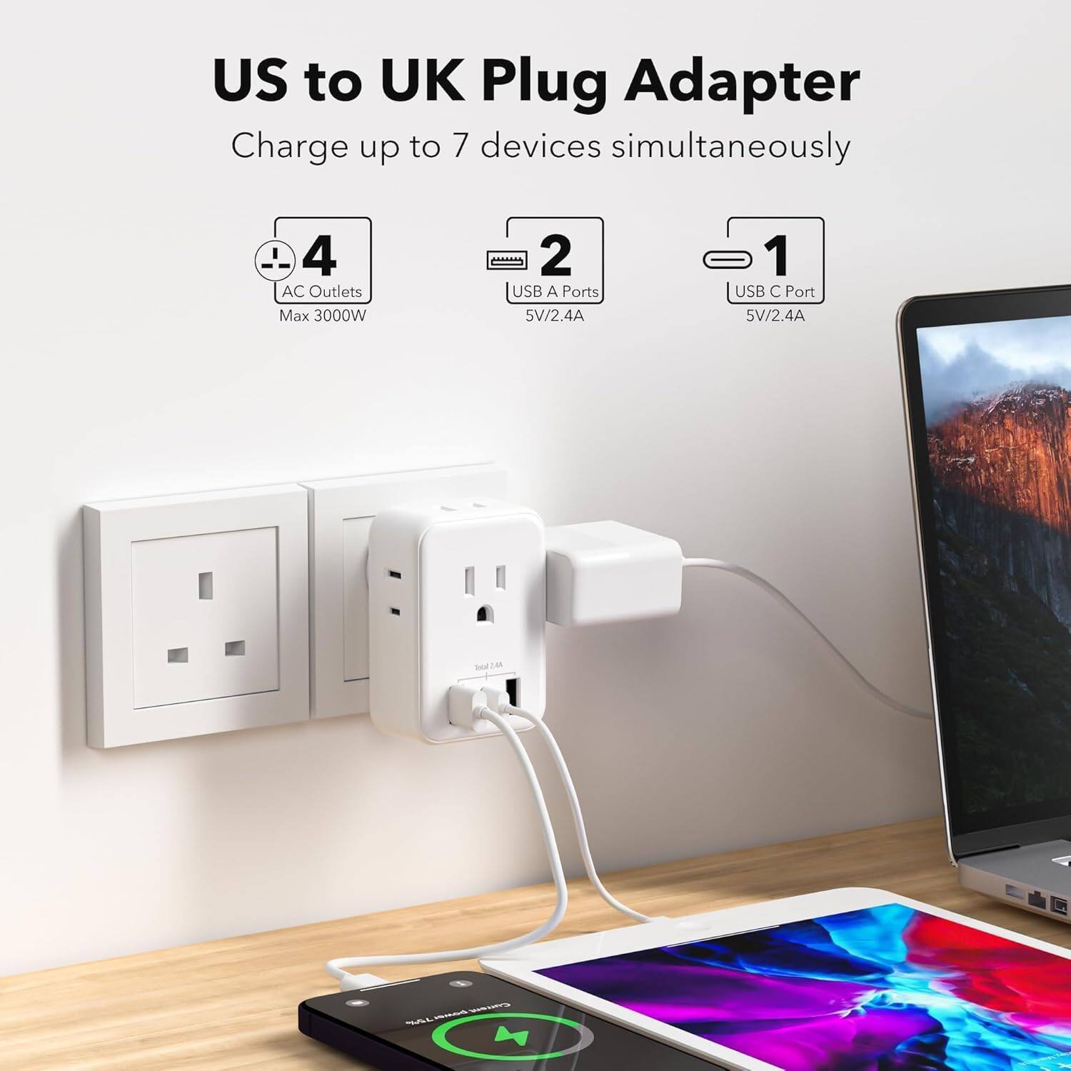 US to UK Plug Adapter  
Charge up to 7 devices simultaneously  

- 4 AC Outlets  
  Max 3000W  

- 2 USB A Ports  
  5V/2.4A  

- 1 USB C Port  
  5V/2.4A