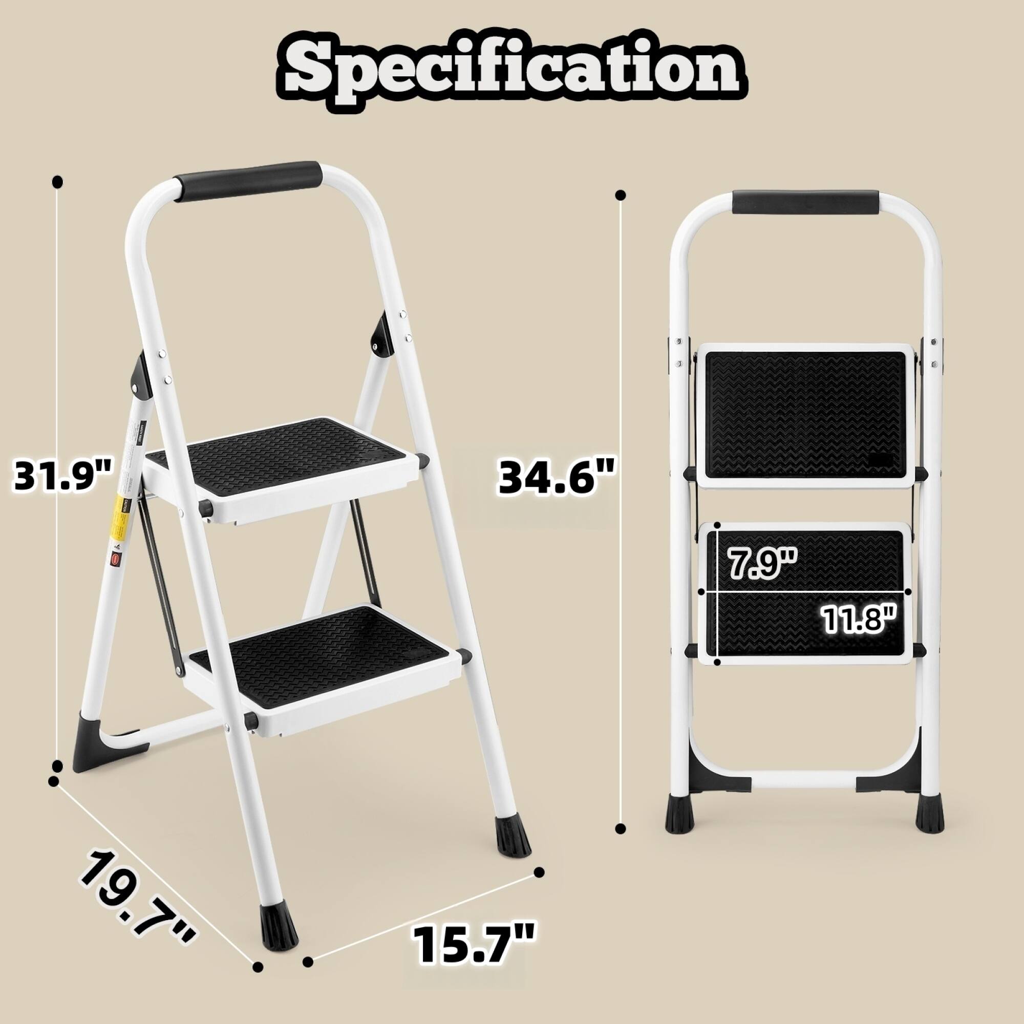 Specification

- Height: 34.6"
- Width: 19.7"
- Depth: 15.7"
- Step Height: 7.9"
- Step Depth: 11.8"
- Overall Height: 31.9"