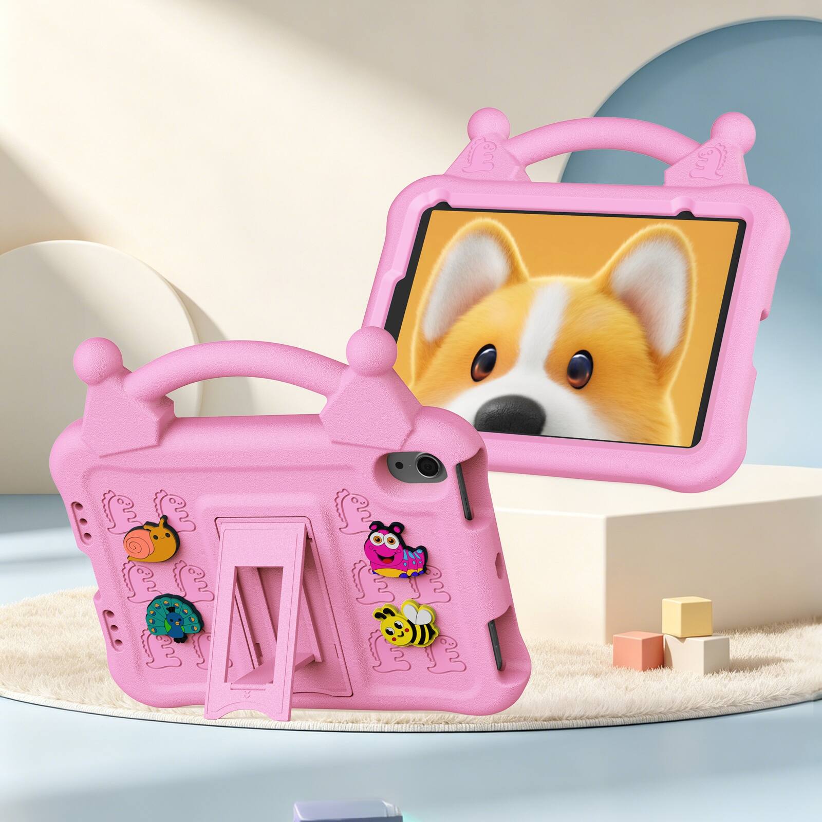 Alt View 1. UUCOVER - Kids Case for iPad mini A17 Pro 2024/mini 6th Gen 2021 8.3" Shockproof EVA Handle Stand DIY Decorative Accessories Cover - Pink.