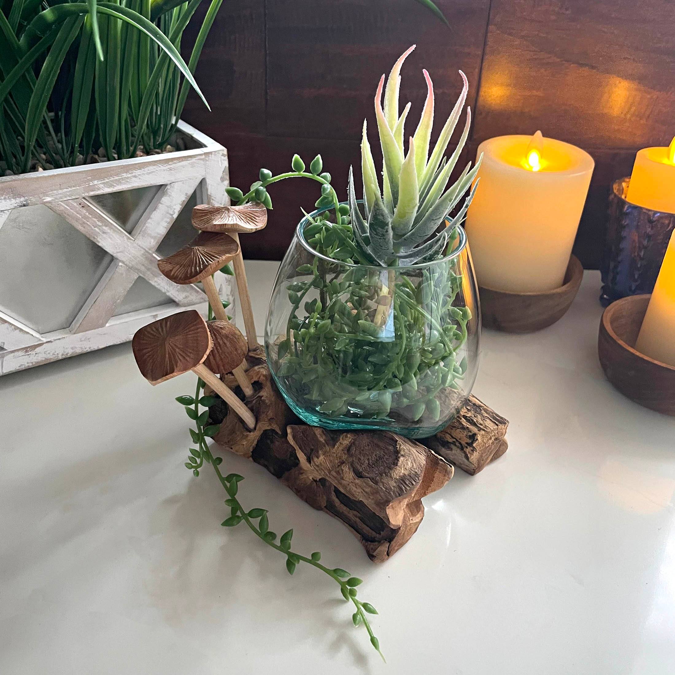 Alt View 3. Things2Die4 - Handcrafted Glass Vase with Teak Driftwood and Wood Mushroom Embellishments - Brown.