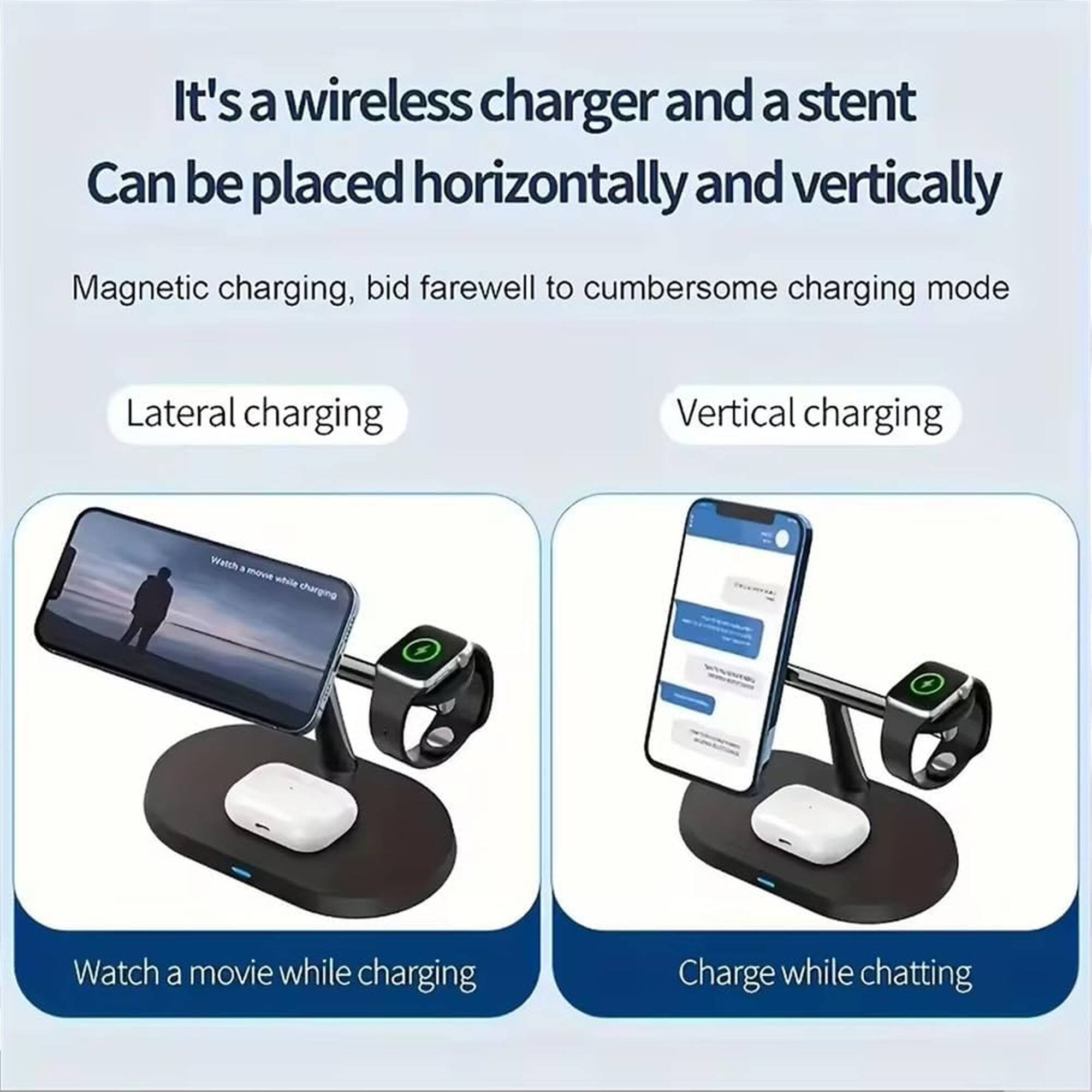 It's a wireless charger and a stent. Can be placed horizontally and vertically. Magnetic charging, bid farewell to cumbersome charging mode. Lateral charging. Vertical charging. Watch a movie while charging. Charge while chatting.