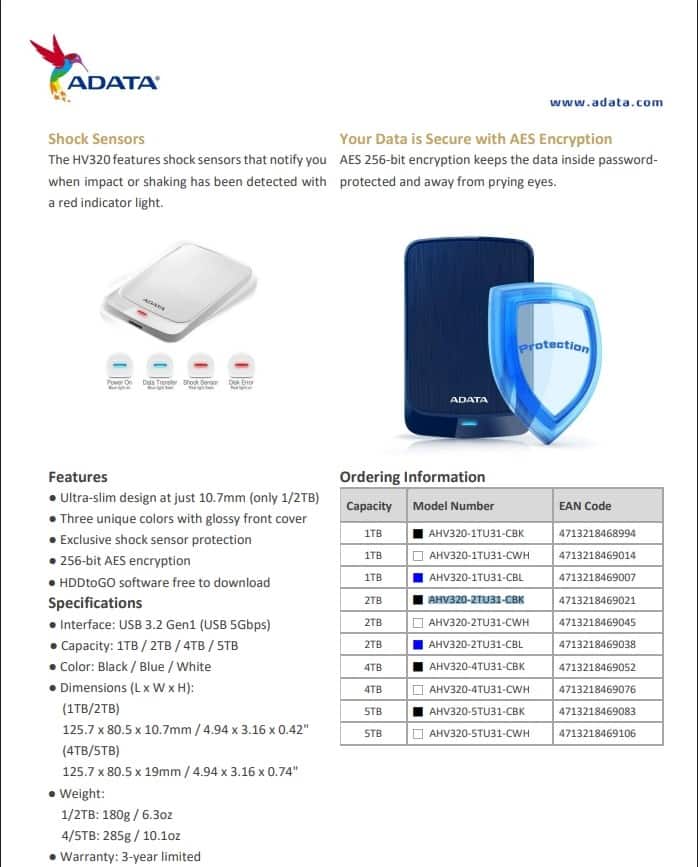 ADATA HV320 2.5 External Portable HDD 2TB USB 3.2 Colorbox Hard