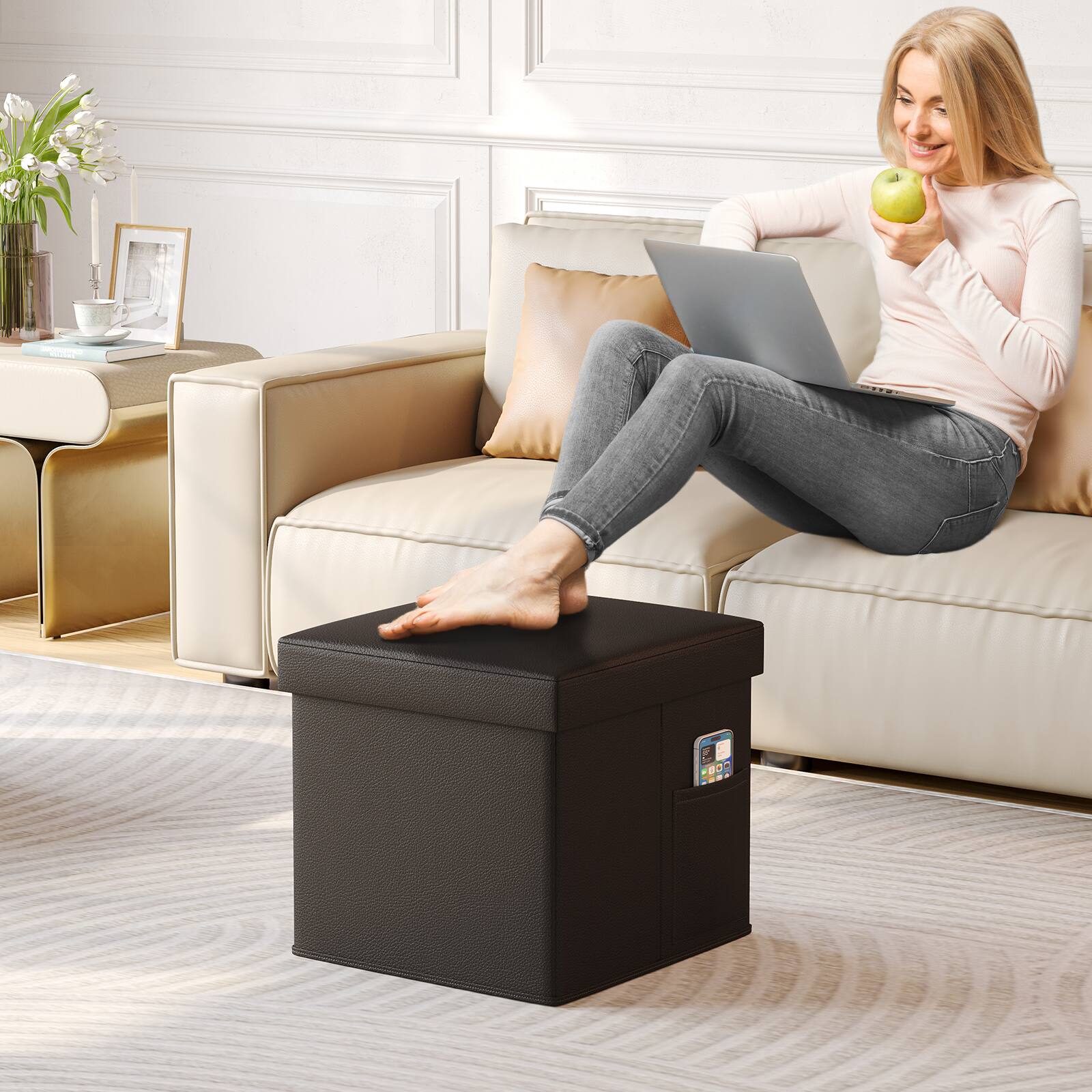 Left. Pinmoco - Pinmoco - Leather Storage Ottoman Foldable Entryway Bench with Cozy Blanket and Side Pocket - Dark Brown.