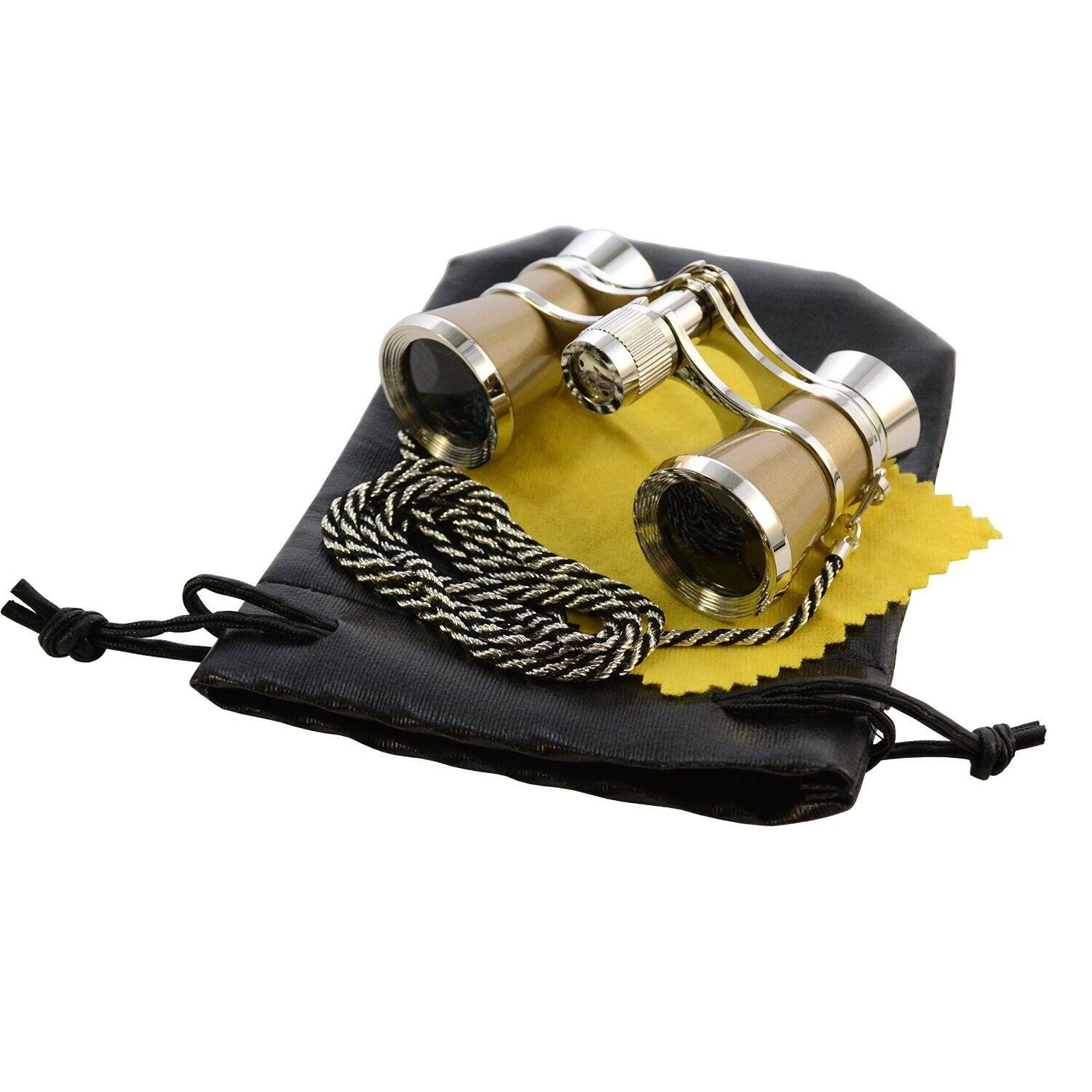 Left. HQRP - HQRP 3x25 Opera Glasses Theater Binoculars, Golden with Silver Trim, Crystal Clear Optics, Neck Chain, Central Focus.
