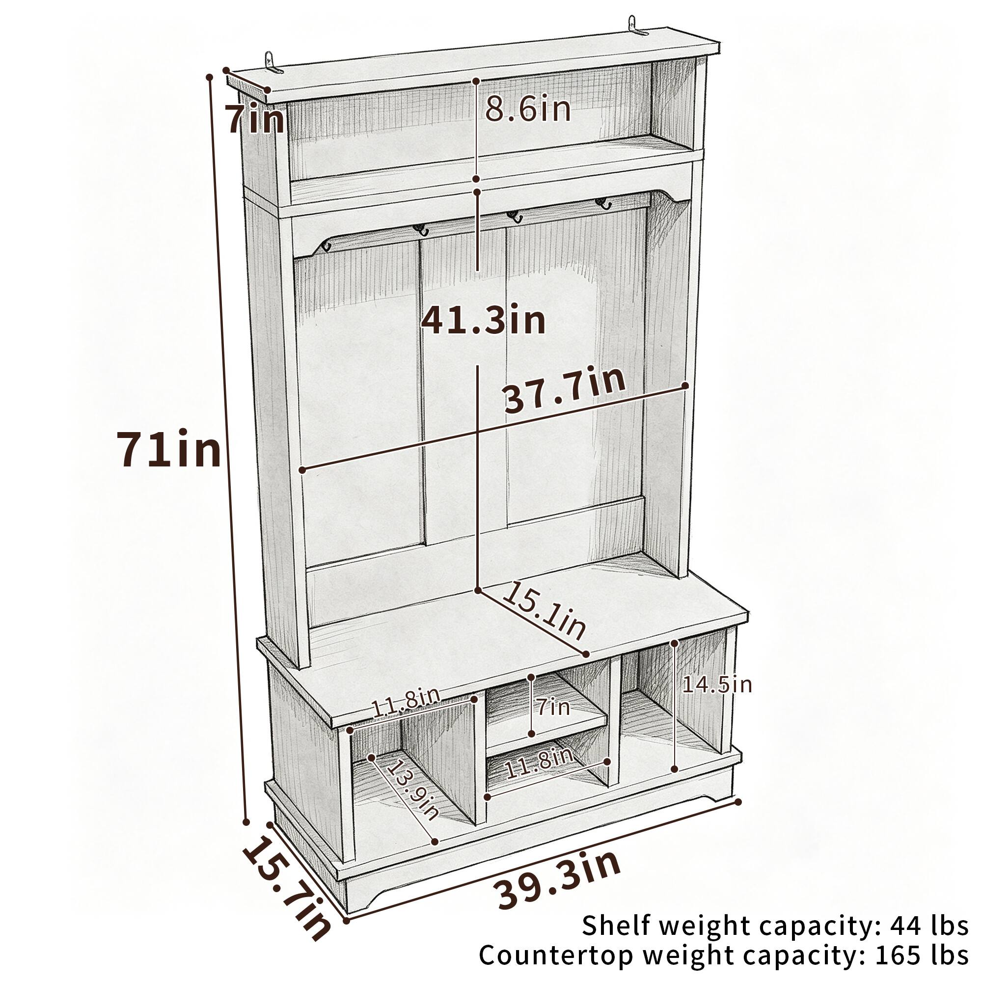 7in  
8.6in  
71in  
41.3in  
37.7in  
15.1in  
14.5in  
11.8in  
1.1  
7in  
13  
11.8in  
13.9in  
15.7in  
39.3in  

Shelf weight capacity: 44 lbs  
Countertop weight capacity: 165 lbs
