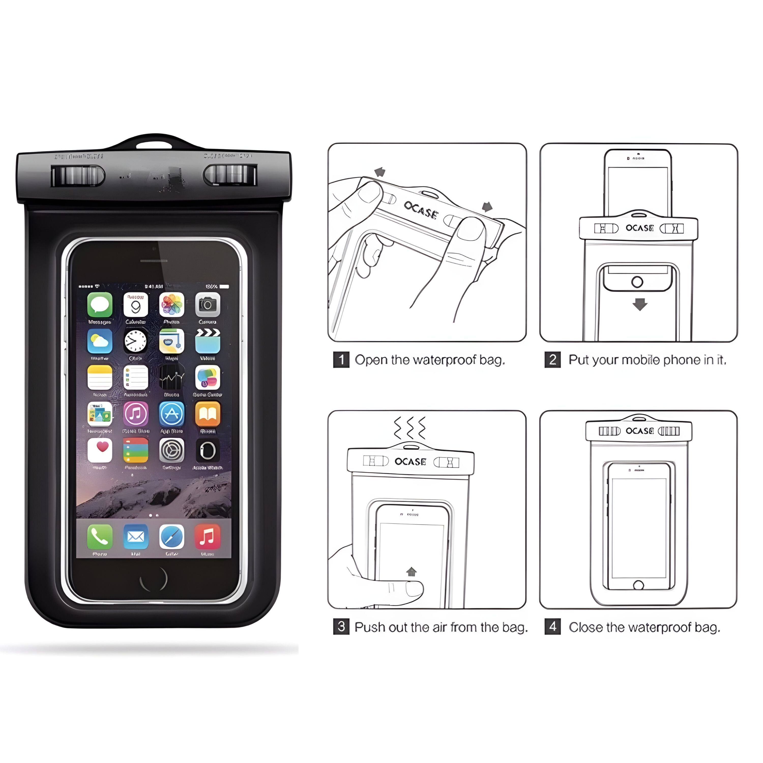 1 Open the waterproof bag.
2 Put your mobile phone in it.
3 Push out the air from the bag.
4 Close the waterproof bag.
