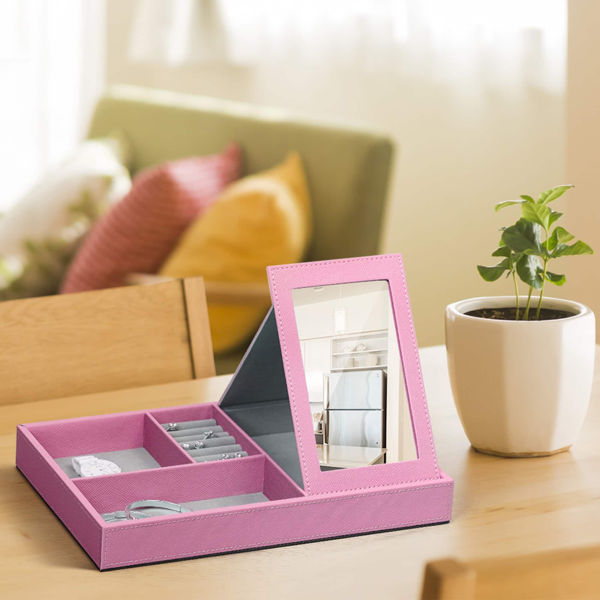 Oumilen - Faux Leather Jewelry Box with Fold-Out Mirror, Multi-Compartment Organizer Tray for Rings Earrings Necklace - Pink