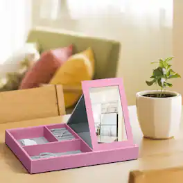 Oumilen - Faux Leather Jewelry Box with Fold-Out Mirror, Multi-Compartment Organizer Tray for Rings Earrings Necklace - Pink