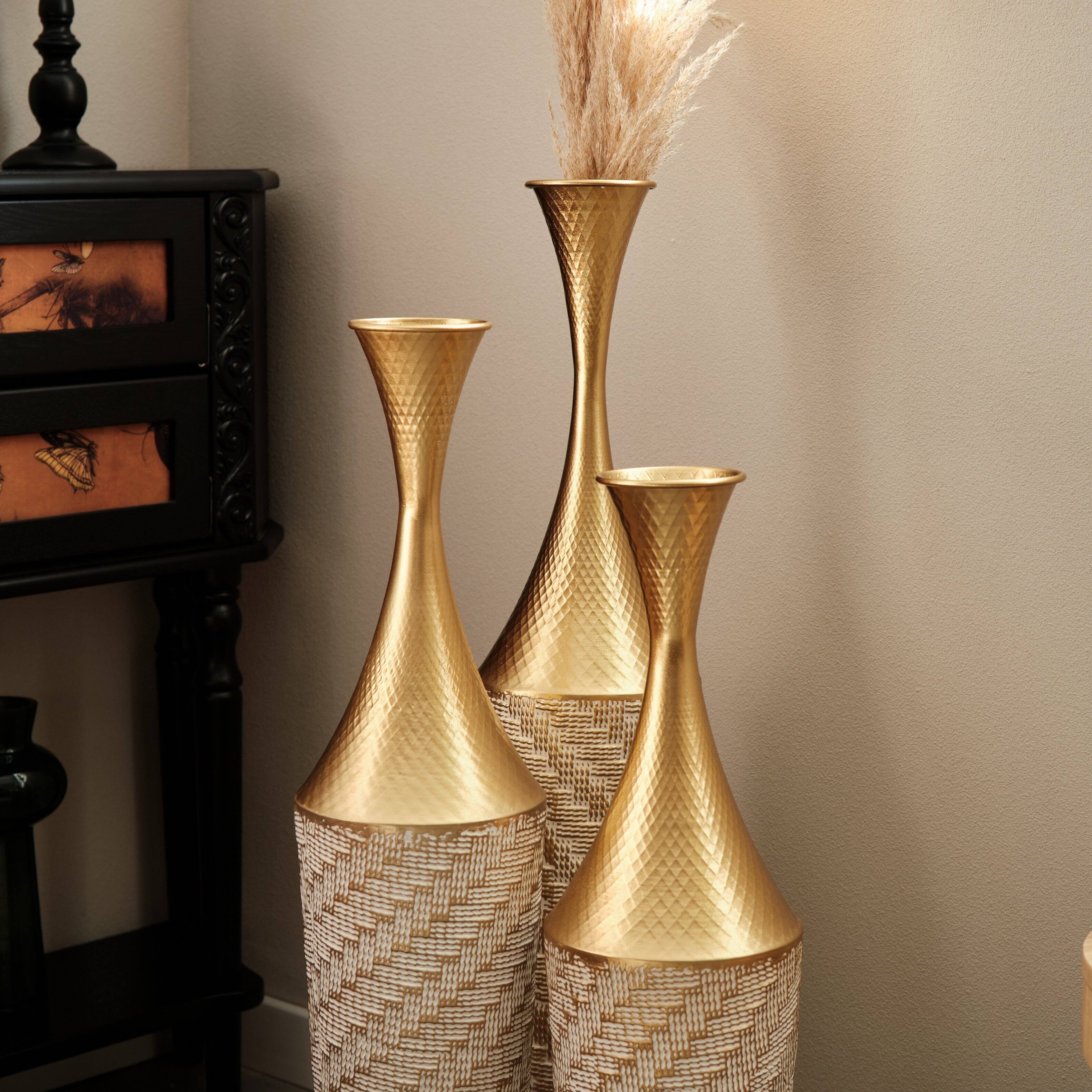 Alt View 3. Anysun - Modern Woven Pattern Metal Floor Vase 3-Piece Set - Glazed Finish for Home Decoration - Gold.