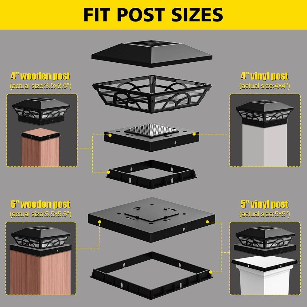 FIT POST SIZES

- 4" wooden post (actual size: 3.5x3.5")
- 4" vinyl post (actual size: 4x4")
- 6" wooden post (actual size: 5.5x5.5")
- 5" vinyl post (actual size: 5x5")