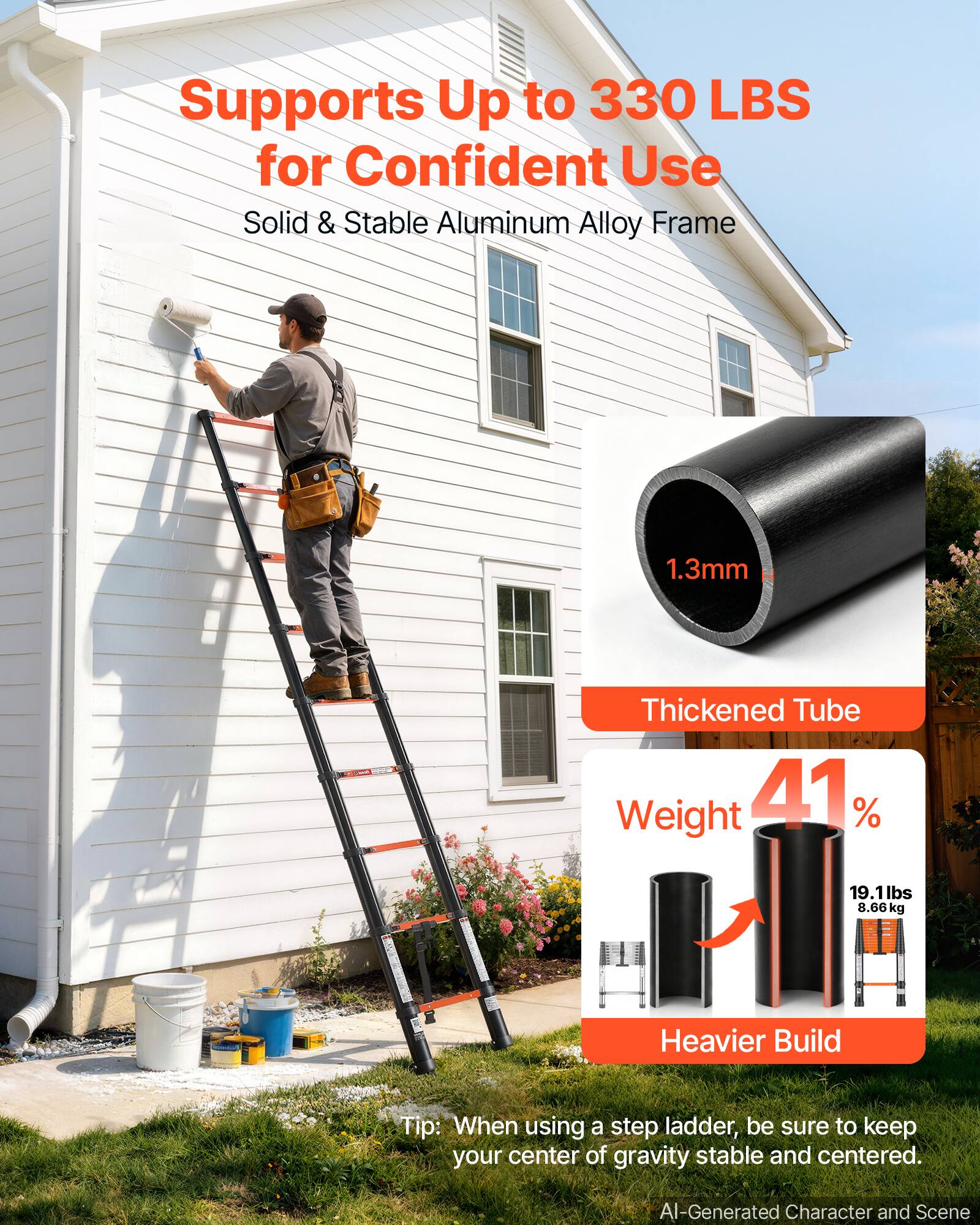 Supports Up to 330 LBS for Confident Use  
Solid & Stable Aluminum Alloy Frame  

1.3mm  

Thickened Tube  
Weight 41%  
19.1 lbs 8.66kg  
Heavier Build  

Tip: When using a step ladder, be sure to keep your center of gravity stable and centered.  

AI-Generated Character and Scene