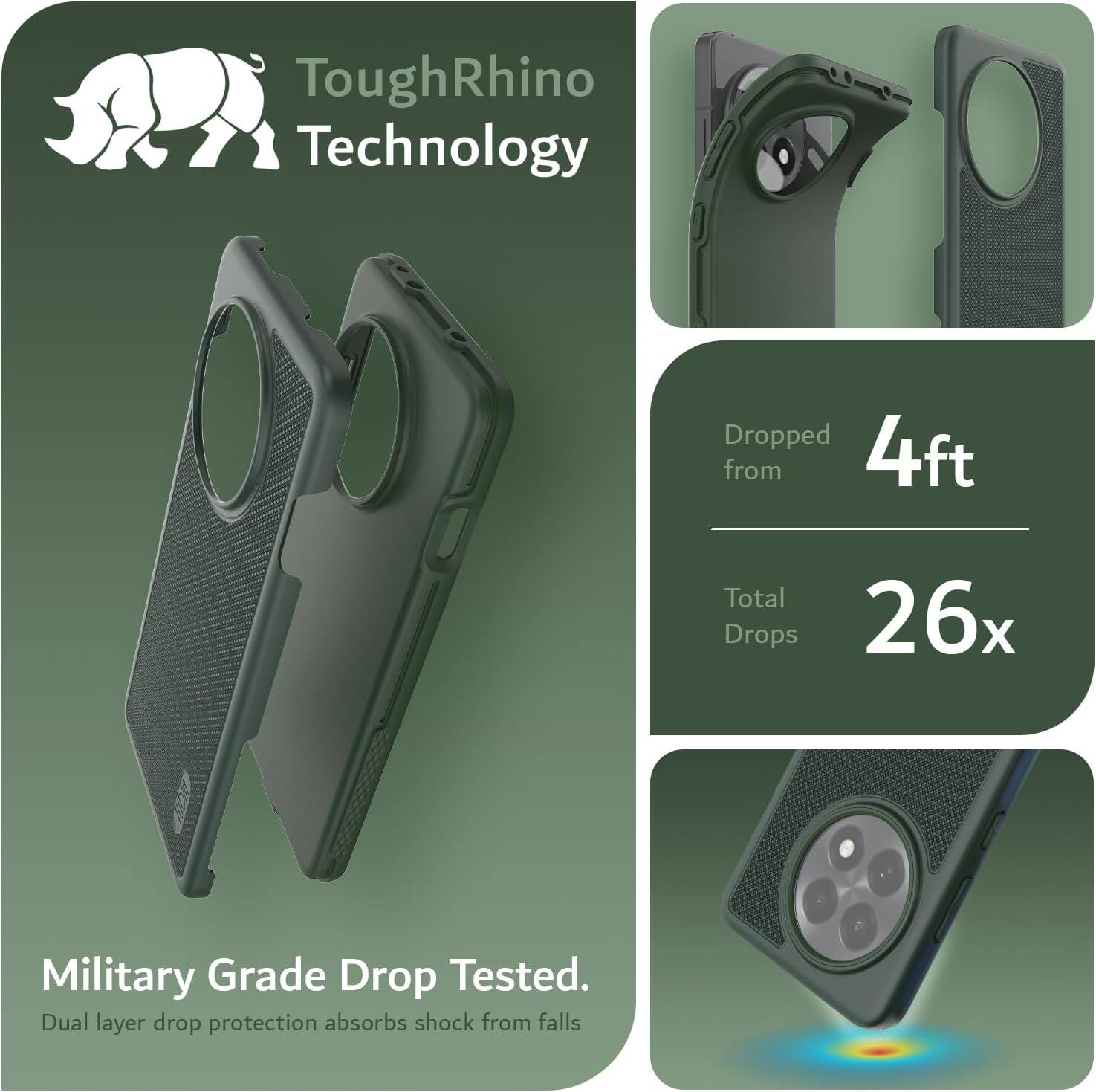 ToughRhino Technology

Dropped from 4ft  
Total Drops 26x

Military Grade Drop Tested.  
Dual layer drop protection absorbs shock from falls