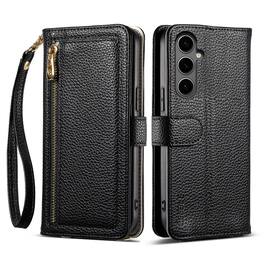 Dteck - Wallet Case for Samsung Galaxy A16 5G with Crossbody Strap and Wristlet, PU Leather Zipper Purse Kickstand Cover - Black