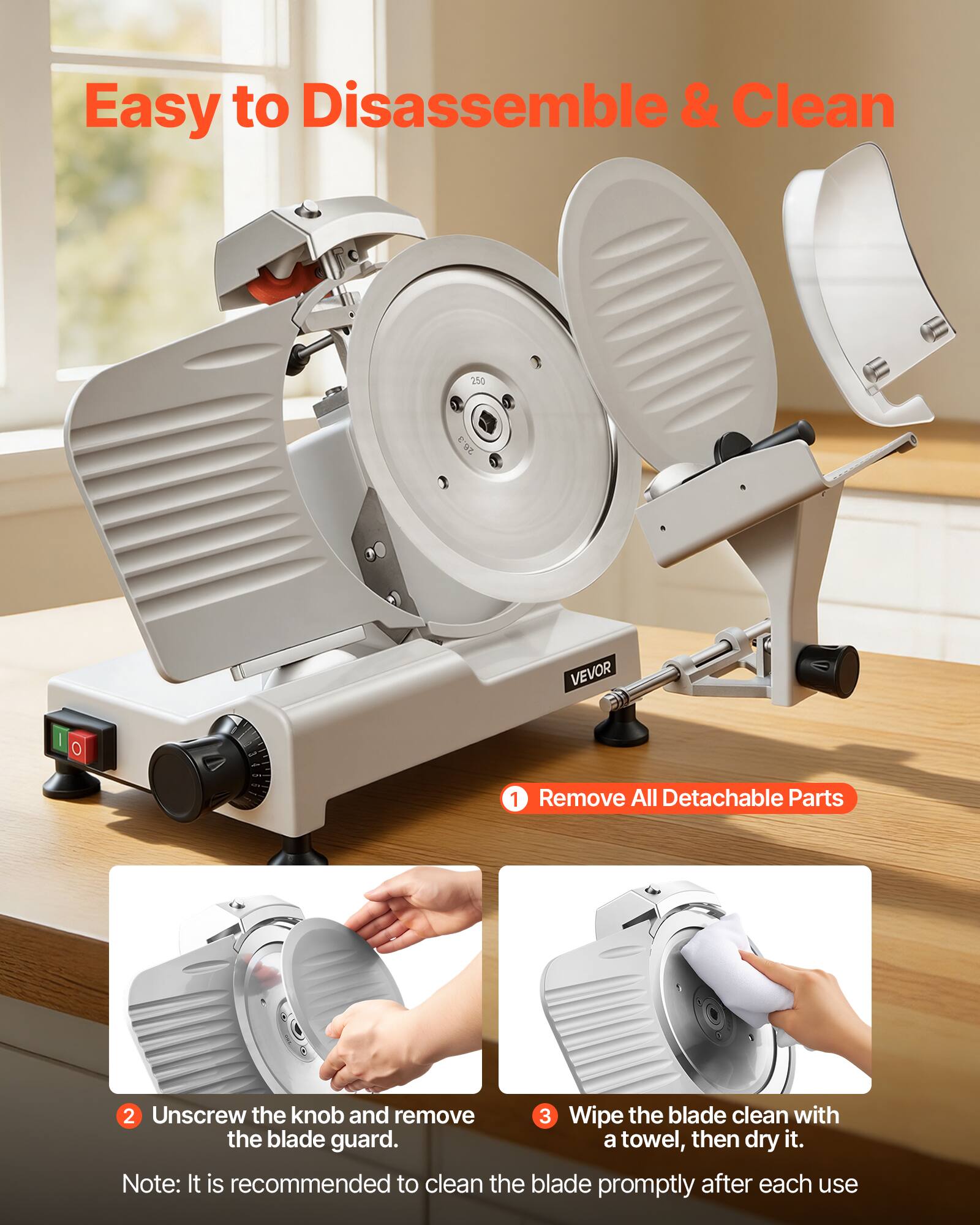 Easy to Disassemble & Clean

1. Remove All Detachable Parts
2. Unscrew the knob and remove the blade guard.
3. Wipe the blade clean with a towel, then dry it.

Note: It is recommended to clean the blade promptly after each use