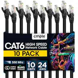 Cmple.com - Cmple - 10 Pack Cat6 Ethernet Cable 1.5 ft Cat 6 Network Cables, RJ45 Connector 10Gbps, LAN Patch Cord Internet - Black