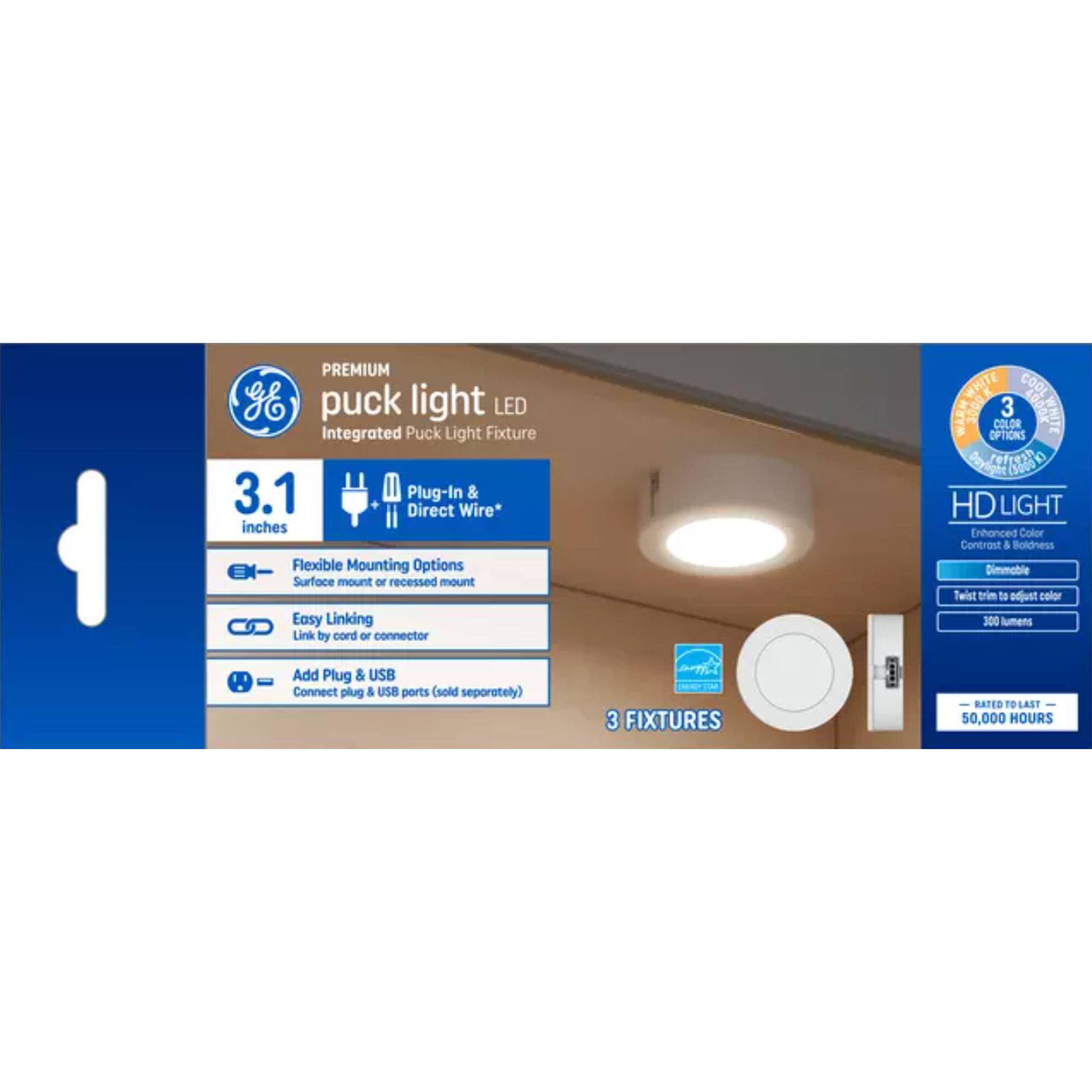 Sure, here is the corrected and grouped text from the image:

---

**PREMIUM puck light LED**  
Integrated Puck Light Fixture

- **3.1 inches**  
- **Plug-In & Direct Wire**  
- **Flexible Mounting Options**  
  - Surface mount or recessed mount  
- **Easy Linking**  
  - Link by cord or connector  
- **Add Plug & USB**  
  - Connect plug & USB ports (sold separately)  

**3 FIXTURES**  

**COOL WHITE**  
- **HD LIGHT**  
  - Enhanced Color Contrast & Boldness  
  - Dimmable  
  - Twist trim to adjust color  
  - 300 lumens  
  - **RATED TO LAST 50,000 HOURS**  

---

This should accurately reflect the information presented in the image.