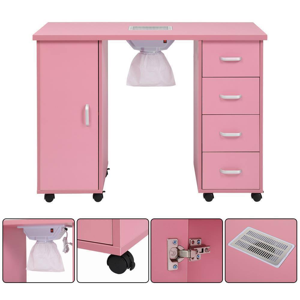 Back. Winado - Manicure Table Nail Table Station, Nail Beauty Manicure Desk with Dust Collector, Drawers, Storage Shelves for Nail Tech - Pink.