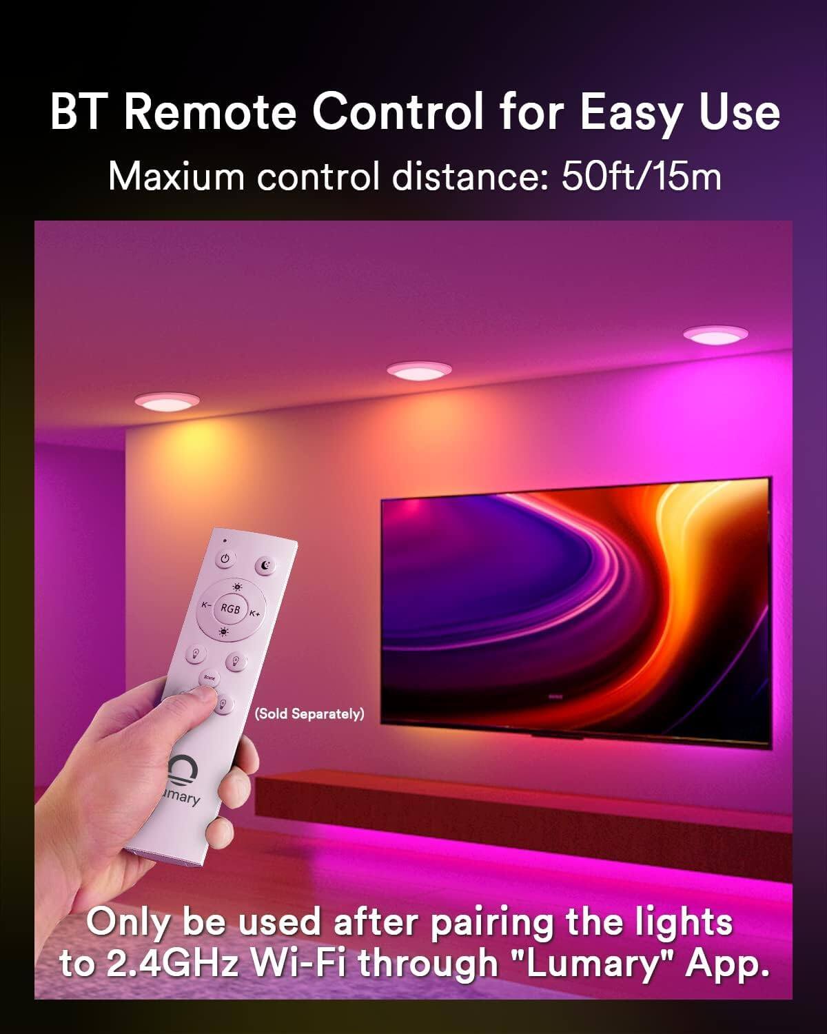 BT Remote Control for Easy Use  
Maximum control distance: 50ft/15m  

Only be used after pairing the lights to 2.4GHz Wi-Fi through "Lumary" App.