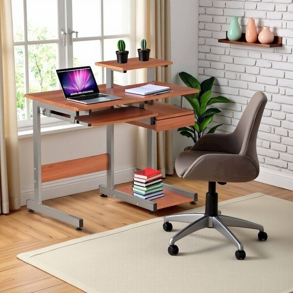 Alt View 4. FurniFact - Brown Sturdy Desk With Drawer And 4 Shelves - Brown.